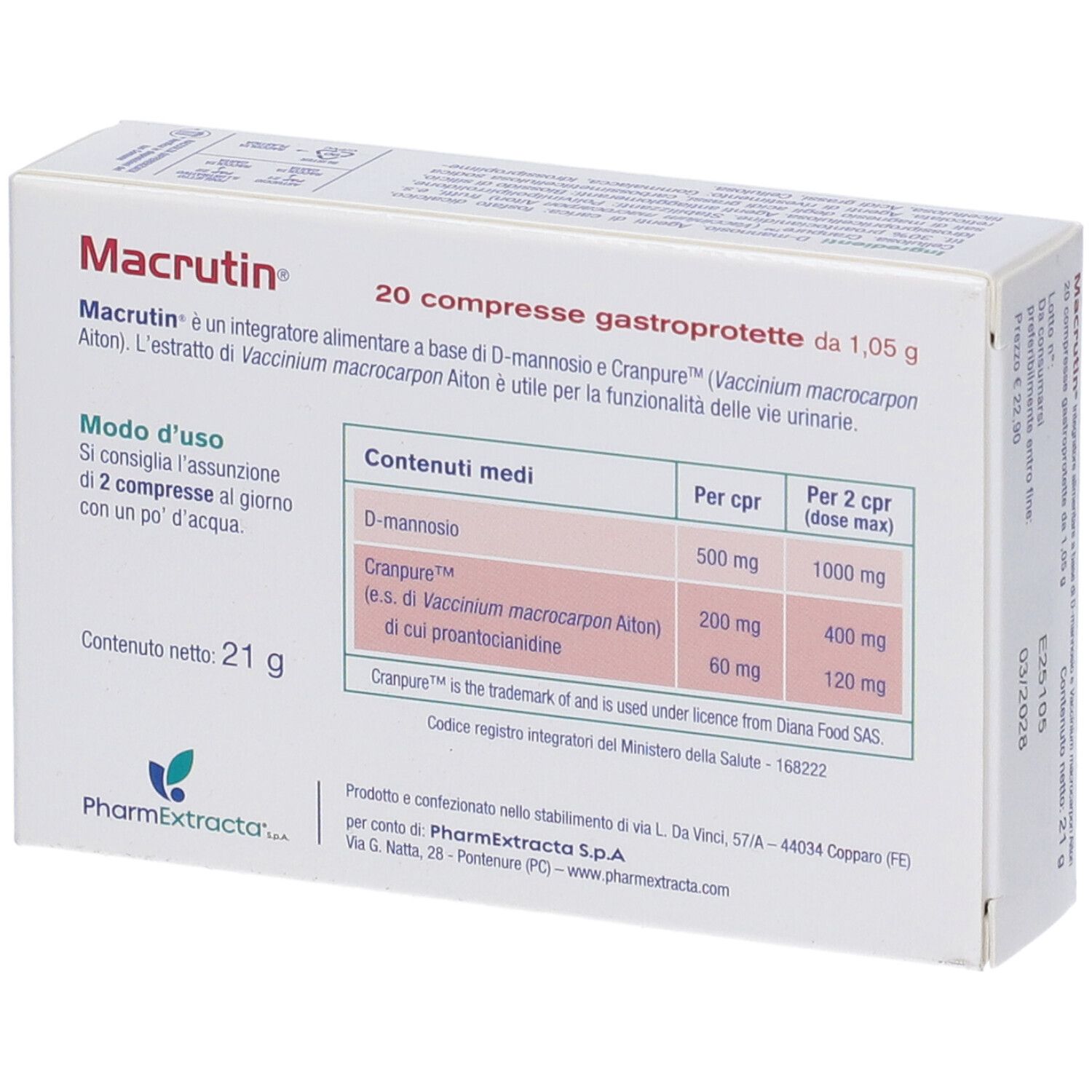 Retro della scatola di Macrutin Compresse Gastroprotette. Informazioni su ingredienti e dosaggio.