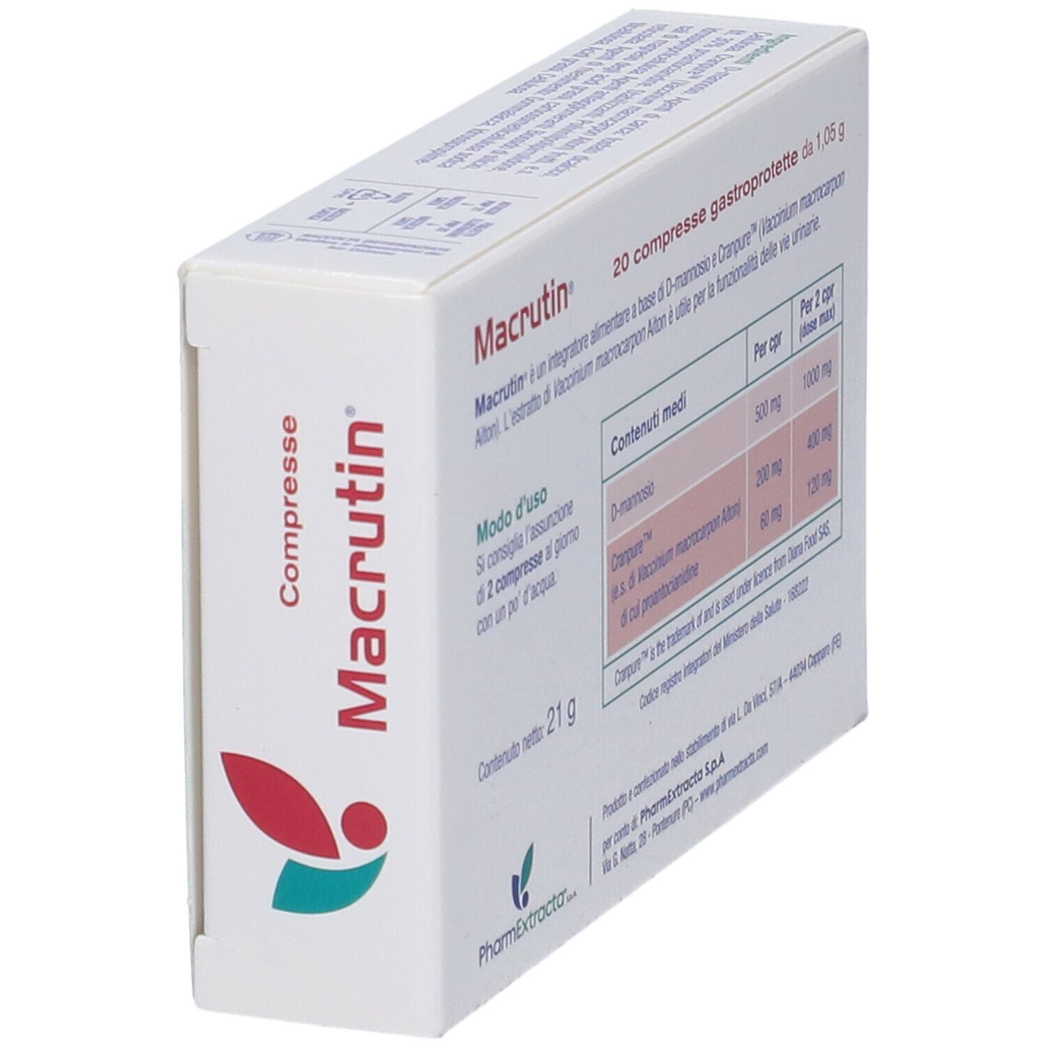 Scatola di Macrutin Compresse Gastroprotette. Contiene 20 compresse. Contiene D-mannosio e Cranpure.