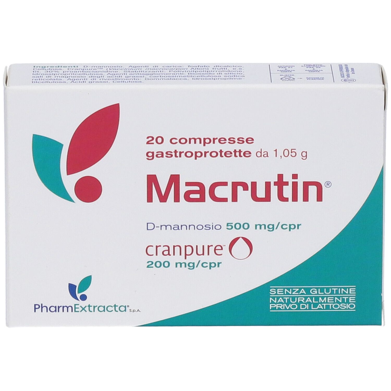Scatola di Macrutin Compresse Gastroprotette. Contiene 20 compresse. Contiene D-mannosio e Cranpure.