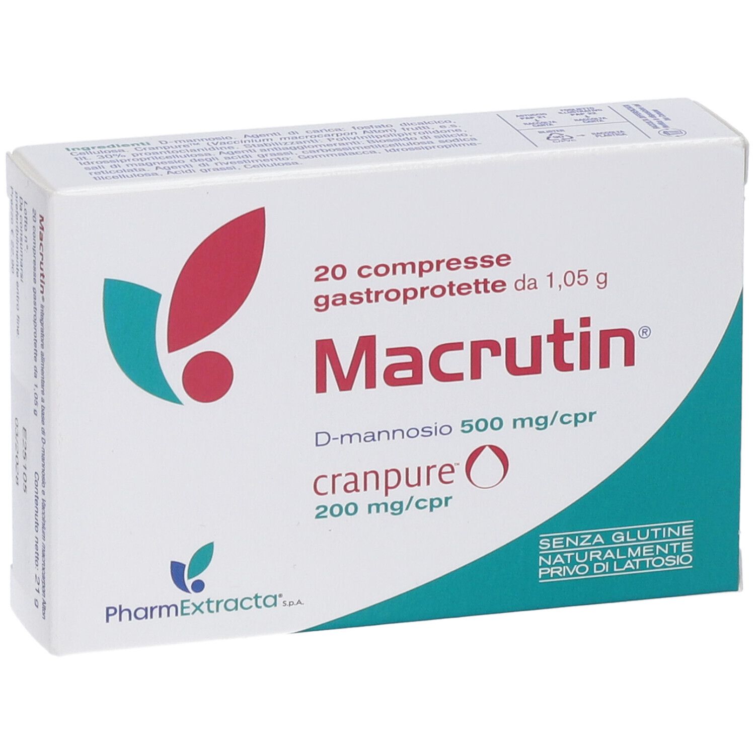 Scatola di Macrutin Compresse Gastroprotette. Contiene 20 compresse. Contiene D-mannosio e Cranpure.