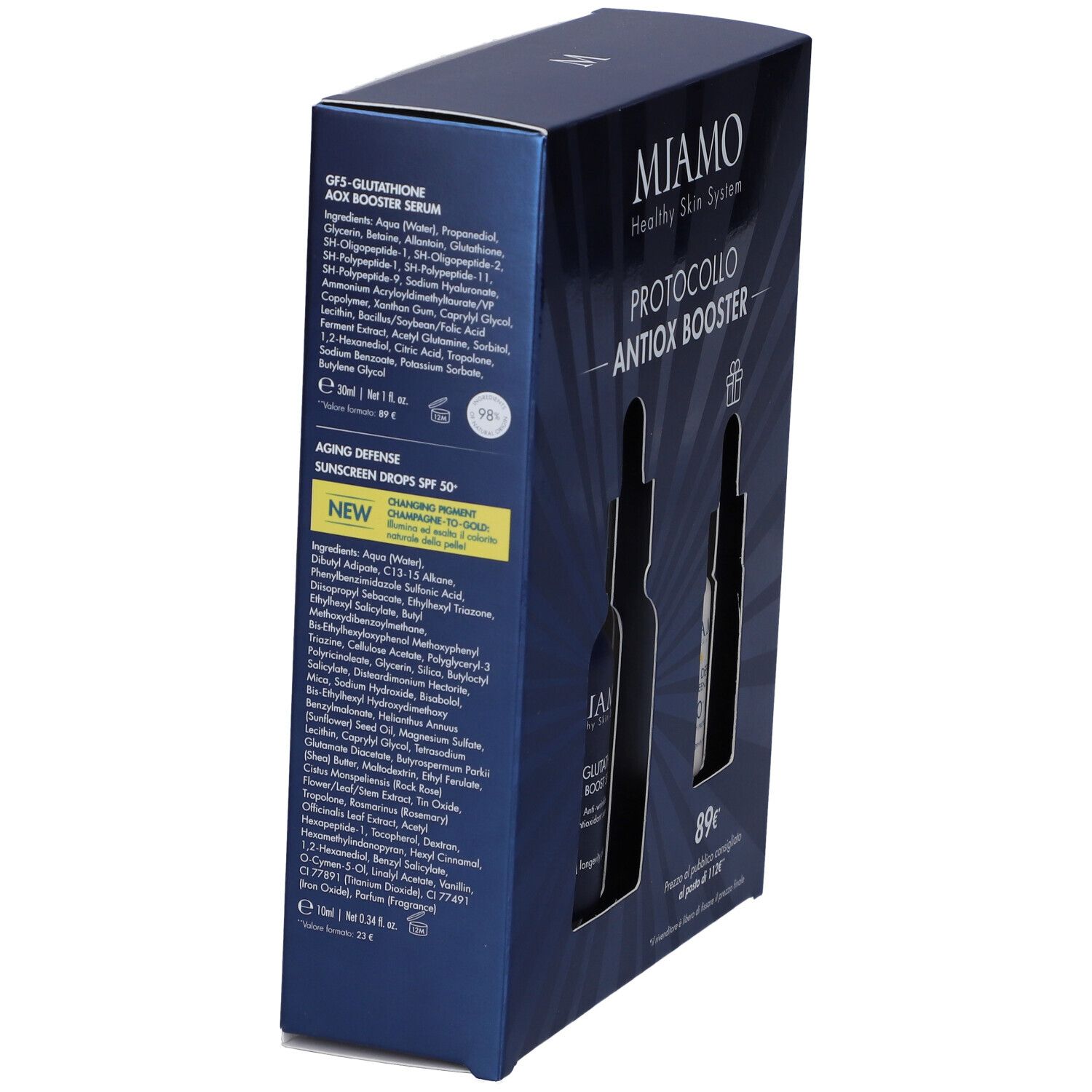 Scatola blu scuro con informazioni sul prodotto. Scritto: Miamo, Protocollo Antiox Booster. Ingredienti e istruzioni.