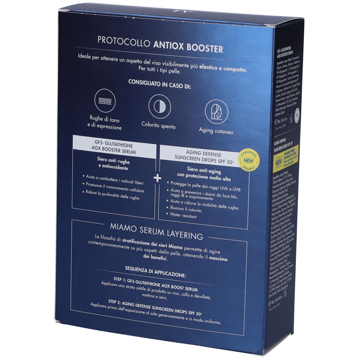 Retro della scatola con informazioni sul prodotto. Scritto: Miamo, Protocollo Antiox Booster. Istruzioni per l'uso.