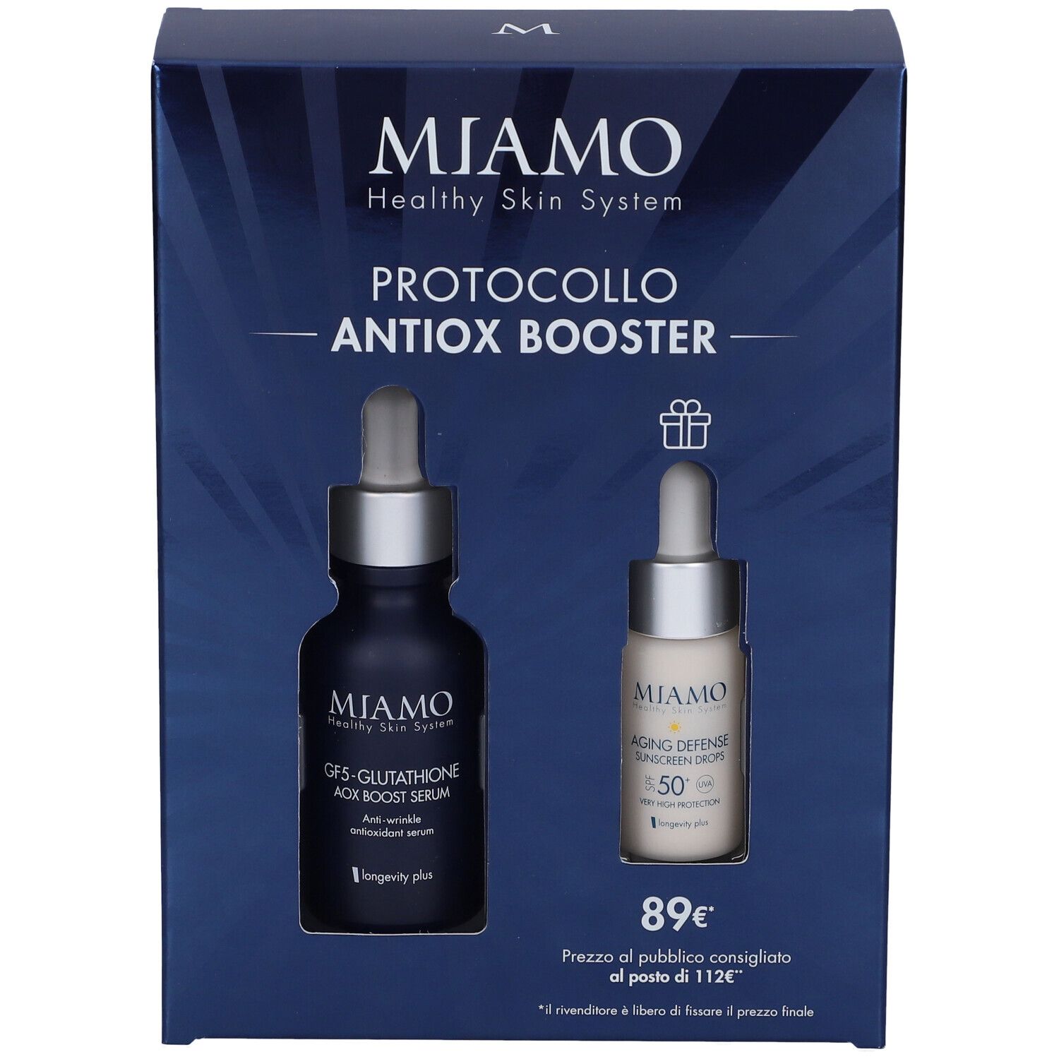 Confezione regalo Miamo Protocollo Antiox Booster. Due flaconi, uno blu scuro e uno bianco. Prezzo 89€.