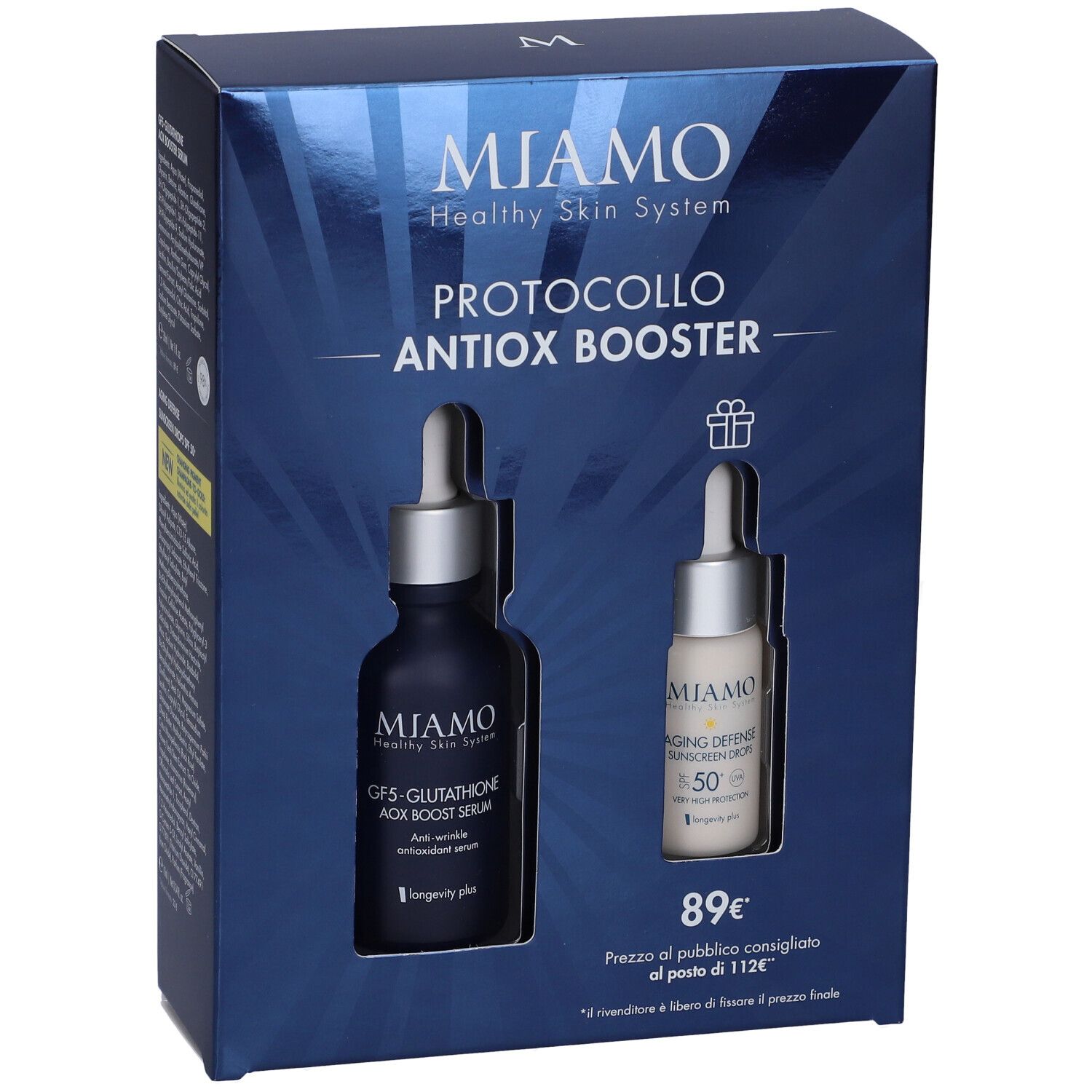 Confezione regalo Miamo Protocollo Antiox Booster. Due flaconi, uno blu scuro e uno bianco. Prezzo 89€.