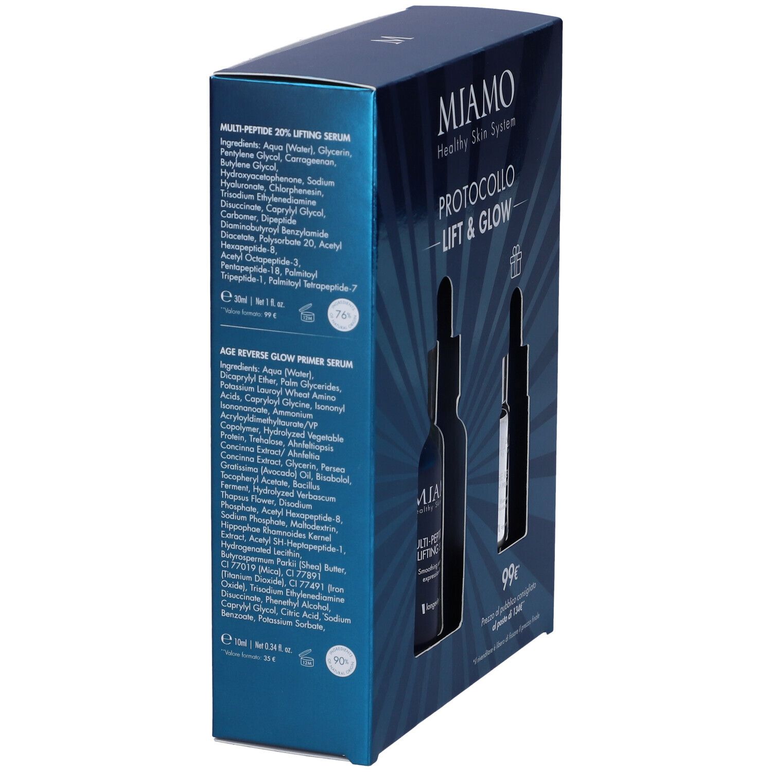 Vista laterale della confezione regalo. Scritta: Miamo Healthy Skin System, Protocollo Lift & Glow. Elenco ingredienti e illustrazioni.