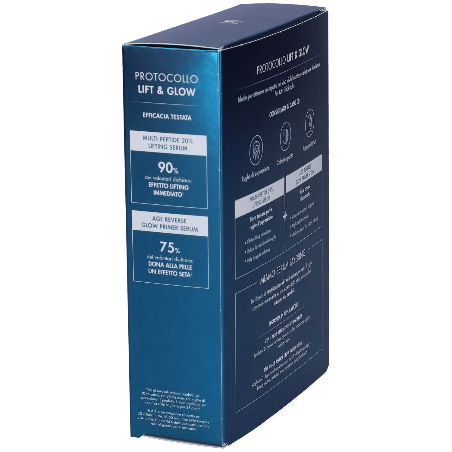 Vista laterale della confezione regalo. Scritta: Protocollo Lift & Glow. Informazioni sul prodotto e promesse di prestazioni.