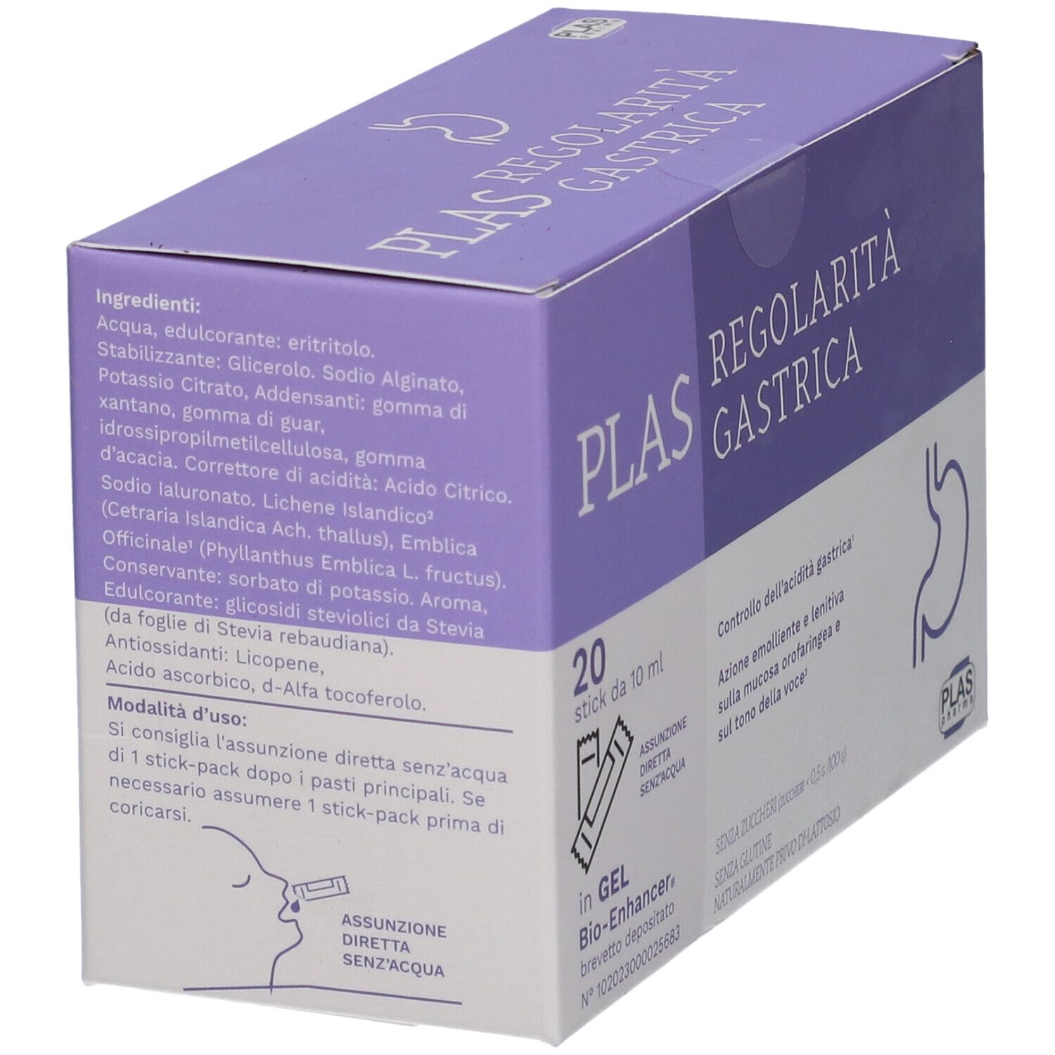 Scatola viola con nome del prodotto e ingredienti. Contiene testo e un'immagine dello stomaco. Testo: Plas Regolarità Gastrica.