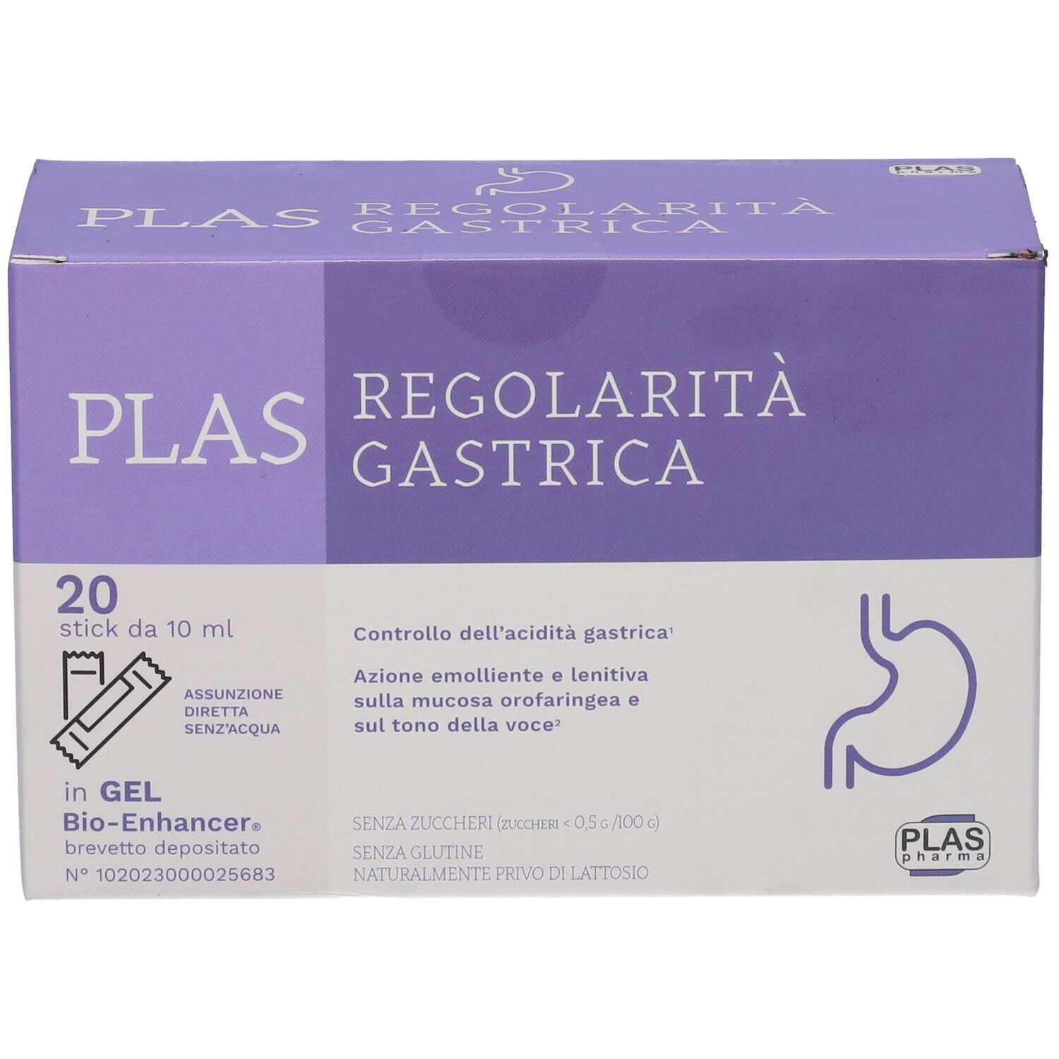 Scatola viola con nome del prodotto e 20 stick pack. Contiene un'immagine dello stomaco. Testo: Plas Regolarità Gastrica.