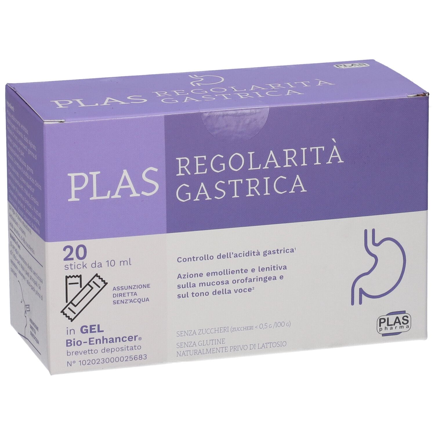 Scatola viola con nome del prodotto e 20 stick pack. Contiene un'immagine dello stomaco. Testo: Plas Regolarità Gastrica.