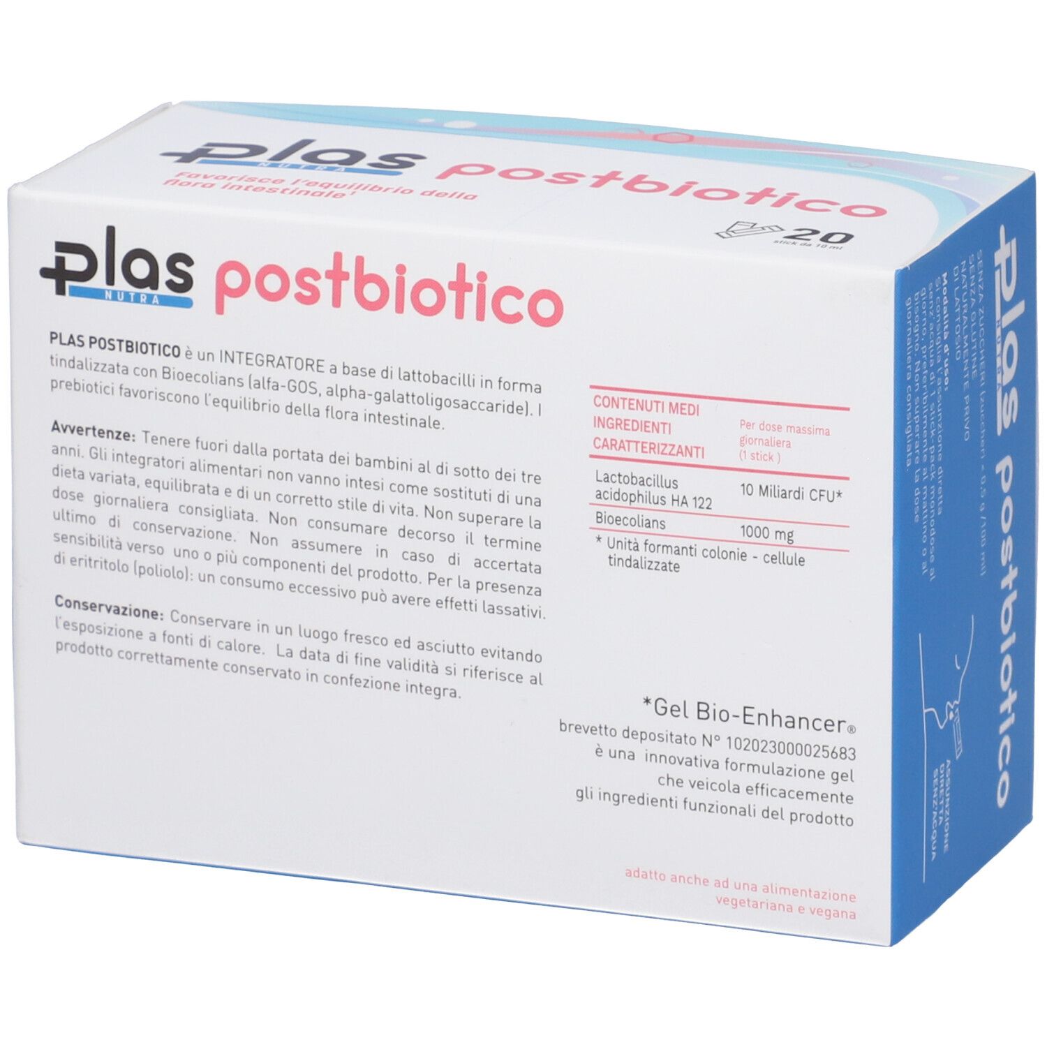 Scatola bianca "Plas postbiotico". Testo e ingredienti visibili. 20 stick.
