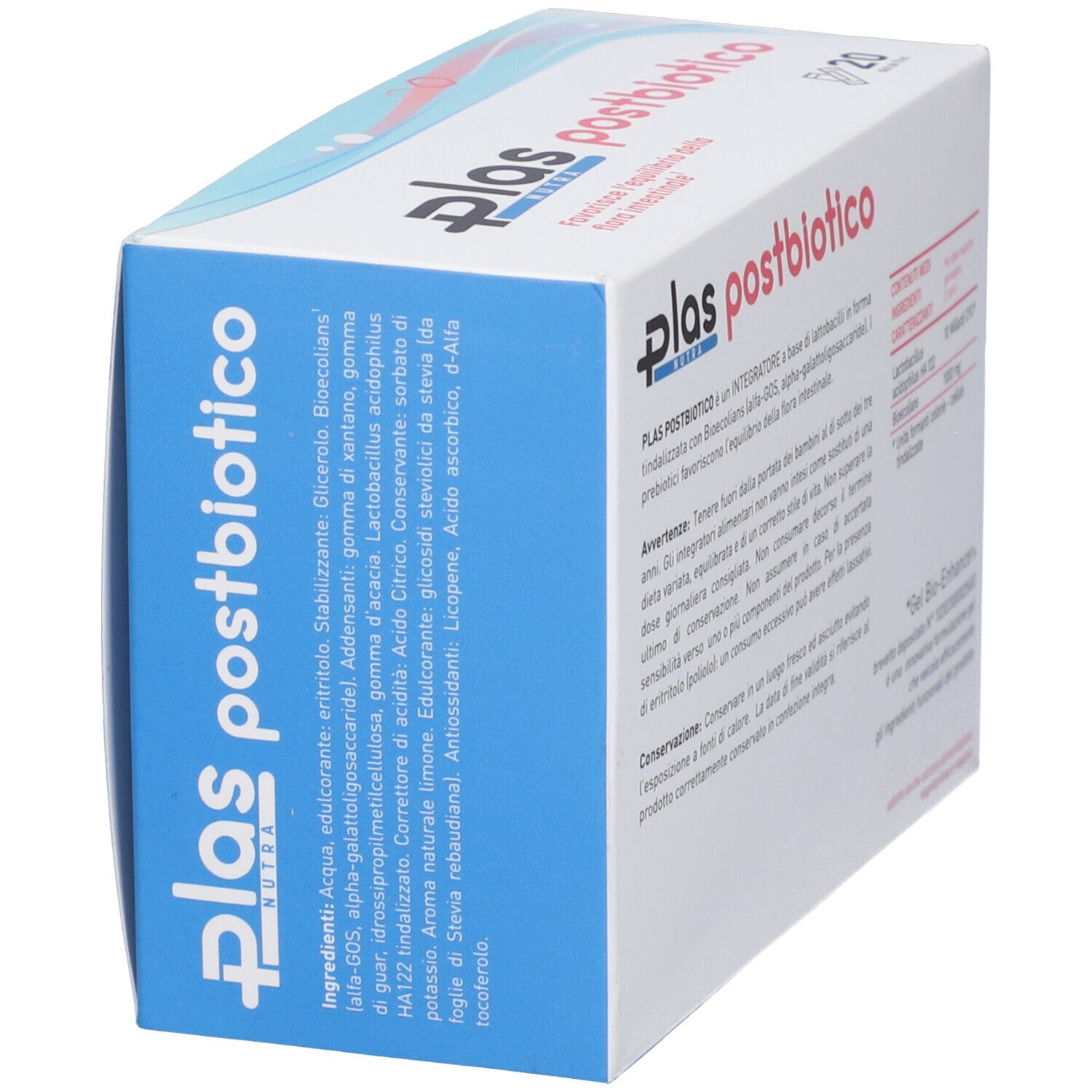 Scatola blu "Plas postbiotico". Ingredienti e testo visibili. Vista angolare.