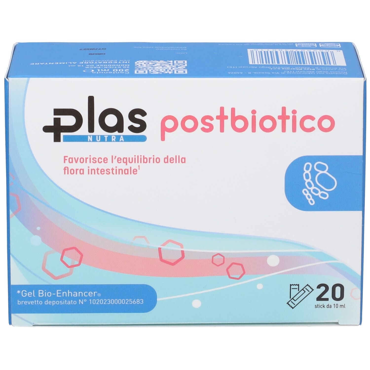 Scatola bianca "Plas postbiotico". Contiene 20 stick. Testo: "Favorisce l'equilibrio della flora intestinale".