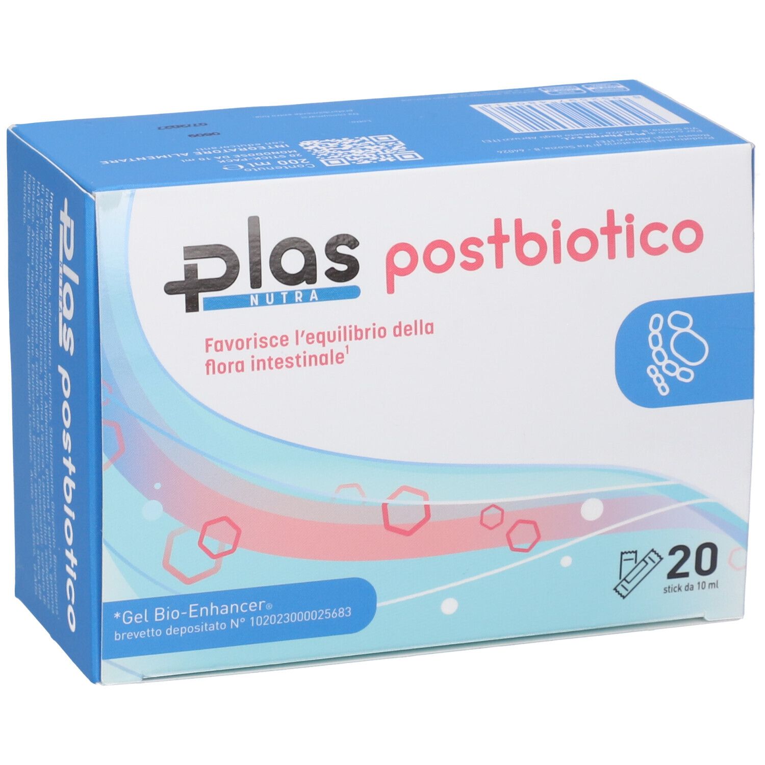 Scatola bianca "Plas postbiotico". Contiene 20 stick. Testo: "Favorisce l'equilibrio della flora intestinale".