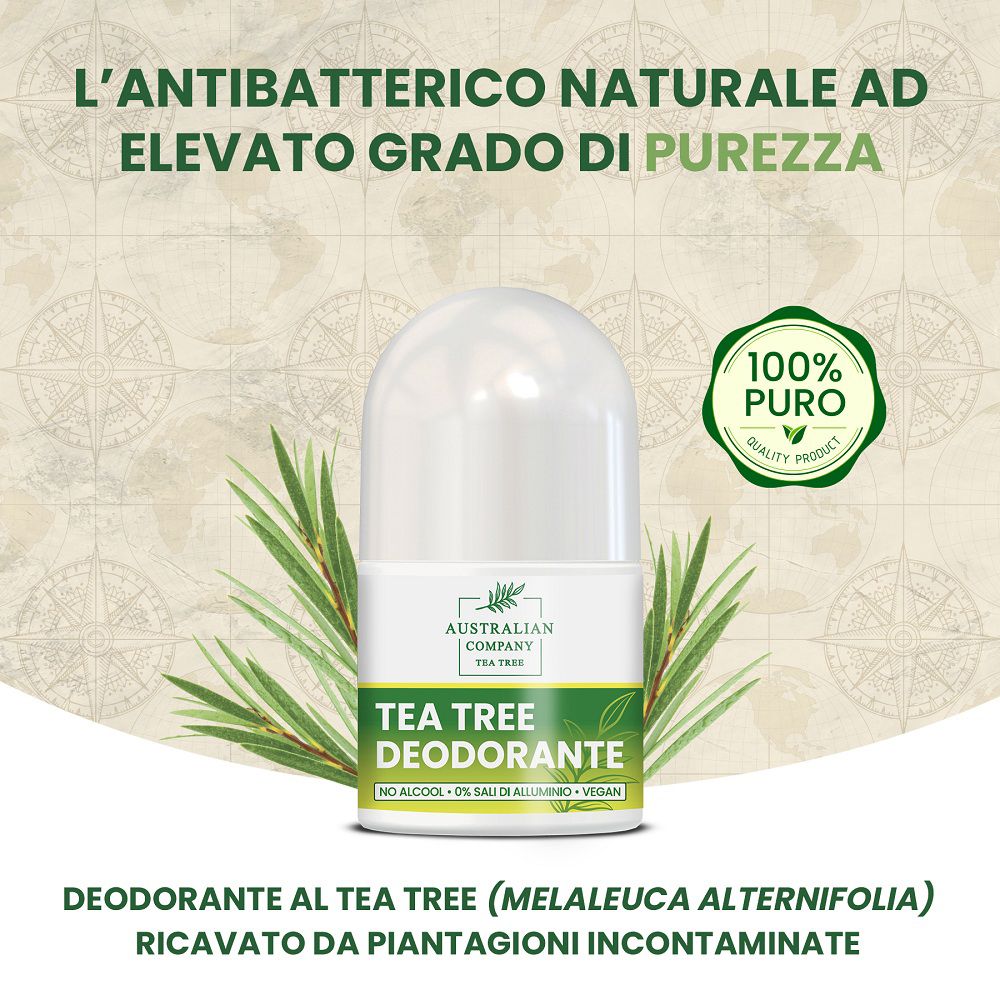 Deodorante roll-on con olio di tea tree, con elementi di foglie di tè e certificato di qualità.