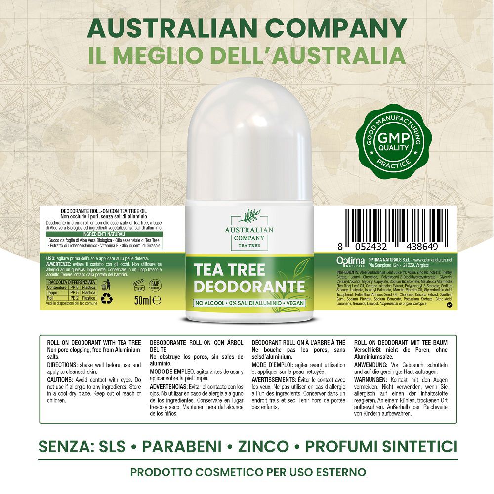 Deodorante roll-on con olio di tea tree, retro con etichetta e sigillo di qualità GMP.