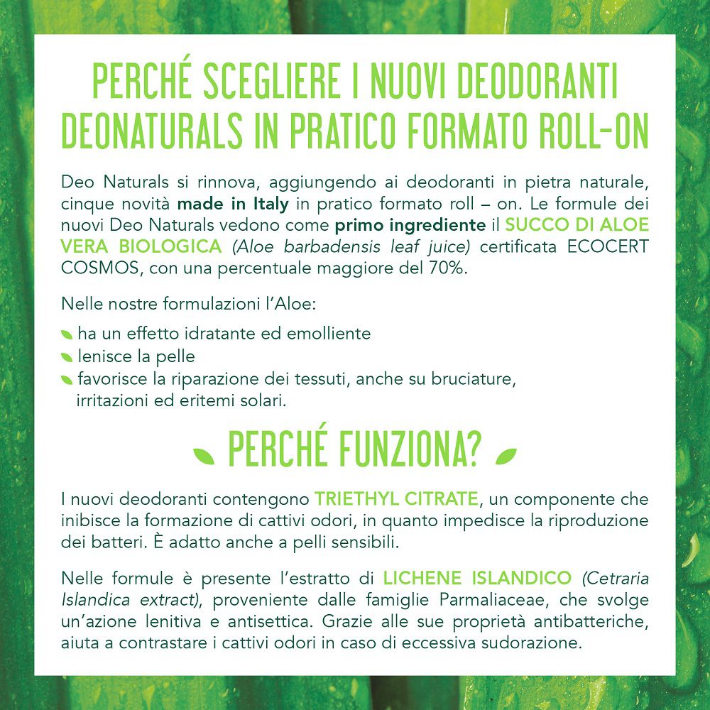 Deodorante roll-on Deo Naturals: Aloe Vera, idratante, lenitivo, per pelli sensibili.
