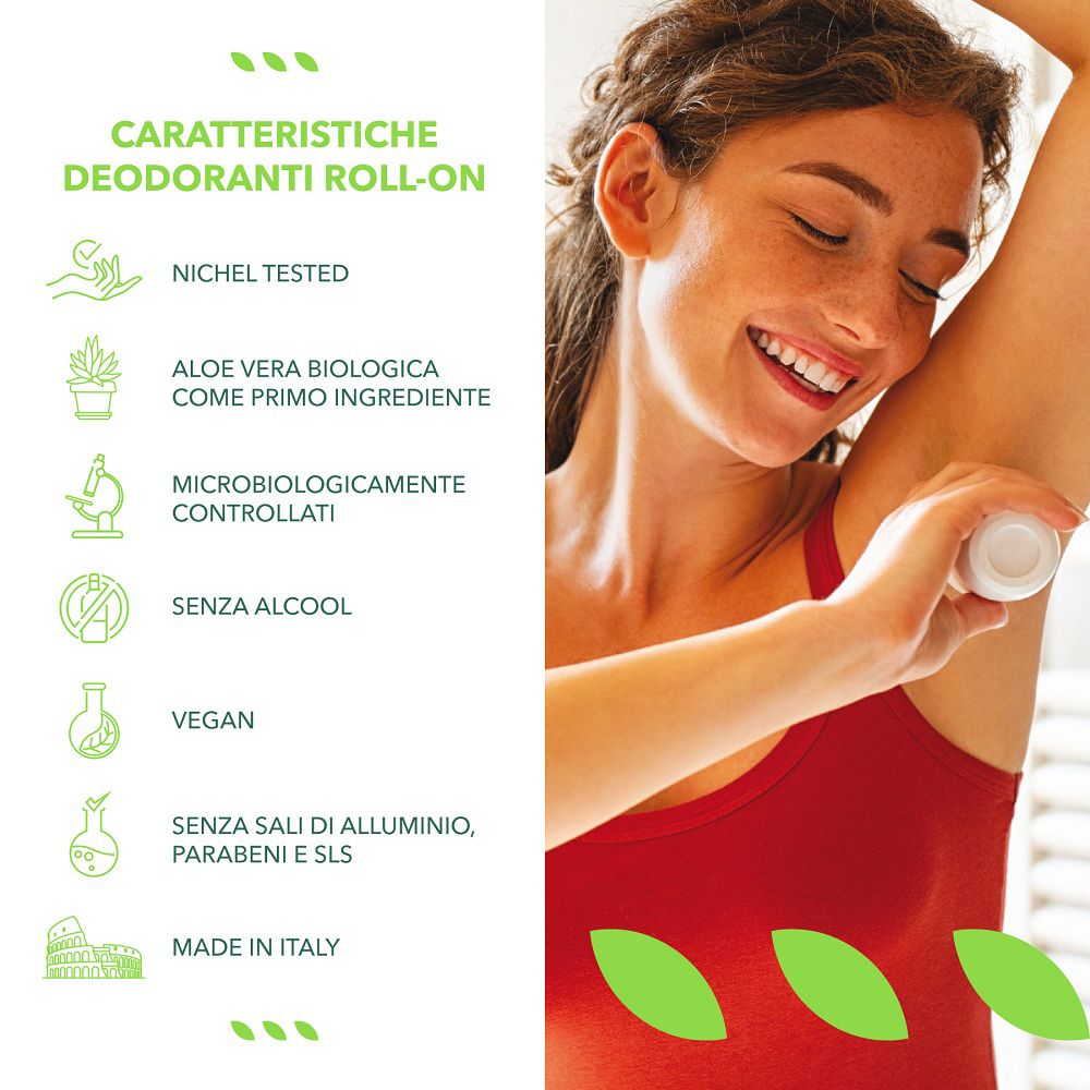Roll-on Deo Naturals: Vegan, senza alcool, senza sali di alluminio, testato microbiologicamente, Made in Italy.