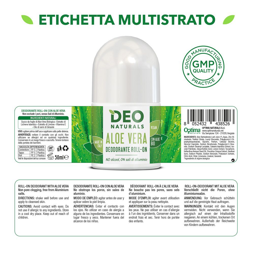 Deodorante roll-on Deo Naturals Aloe Vera, 50ml, con ingredienti e istruzioni per l'uso.