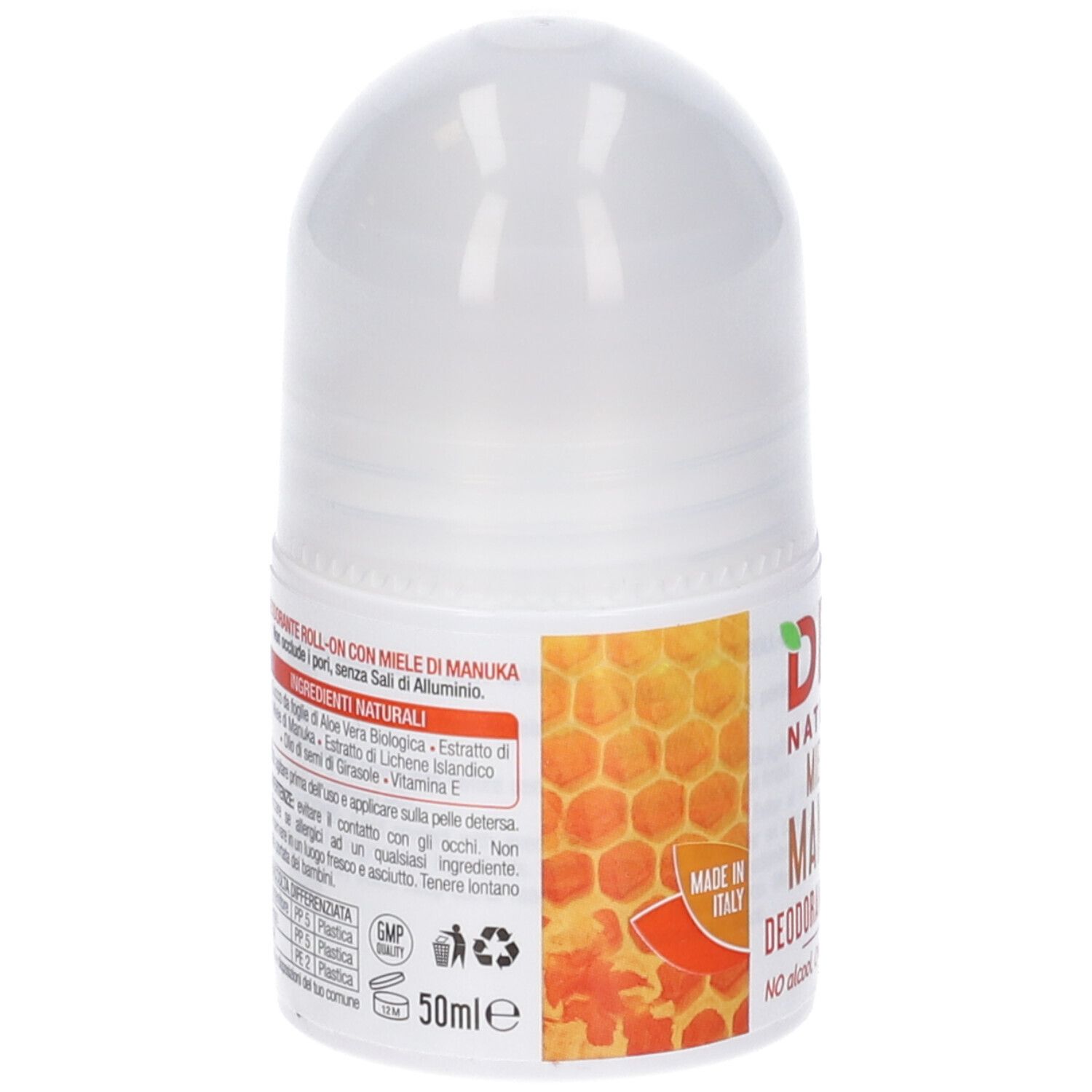 Deodorante roll-on. Retro del contenitore bianco. Lista ingredienti e informazioni.