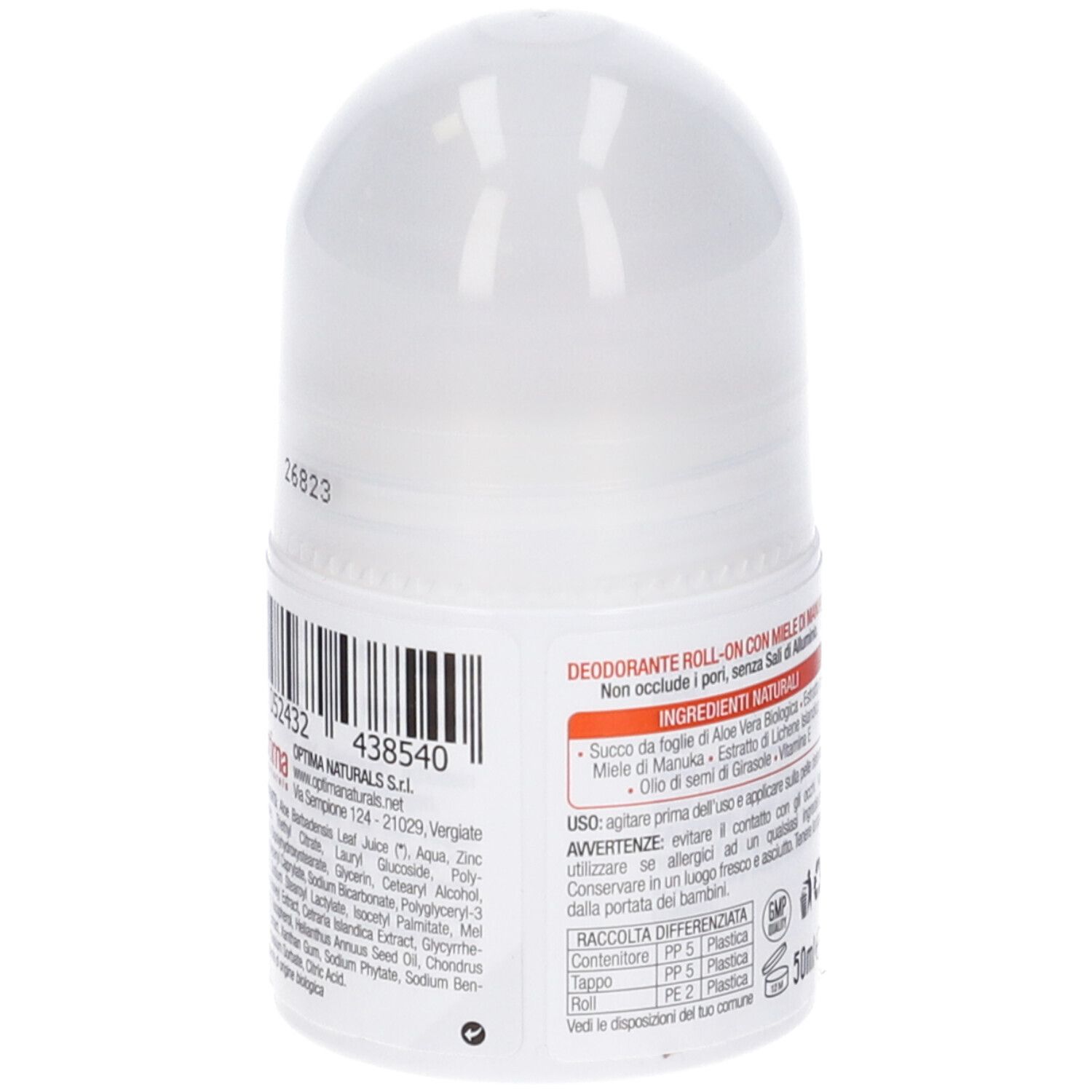 Deodorante roll-on. Retro del contenitore bianco con codice a barre e ingredienti.