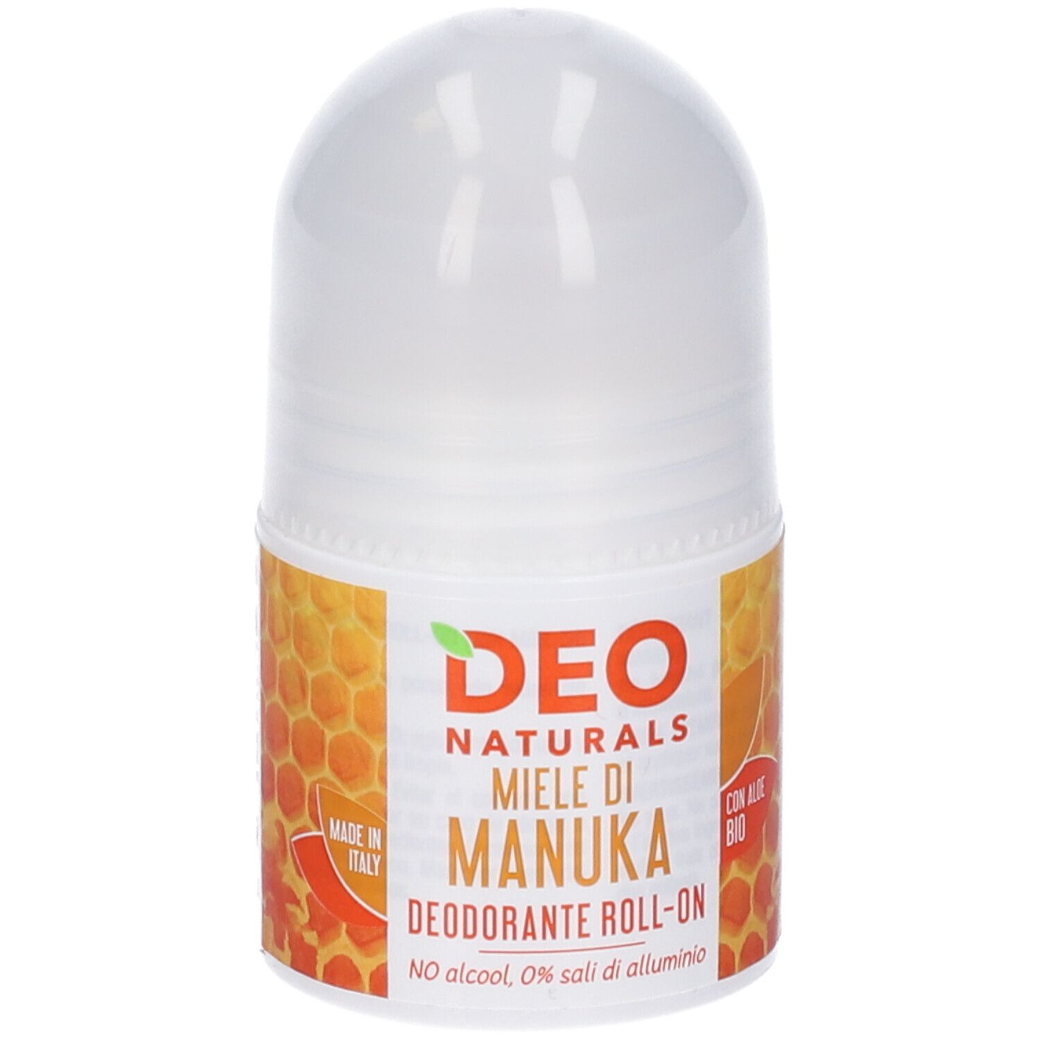 Deodorante roll-on. Contenitore bianco con etichetta giallo-arancio. Scritta: Deo Naturals Miele di Manuka.