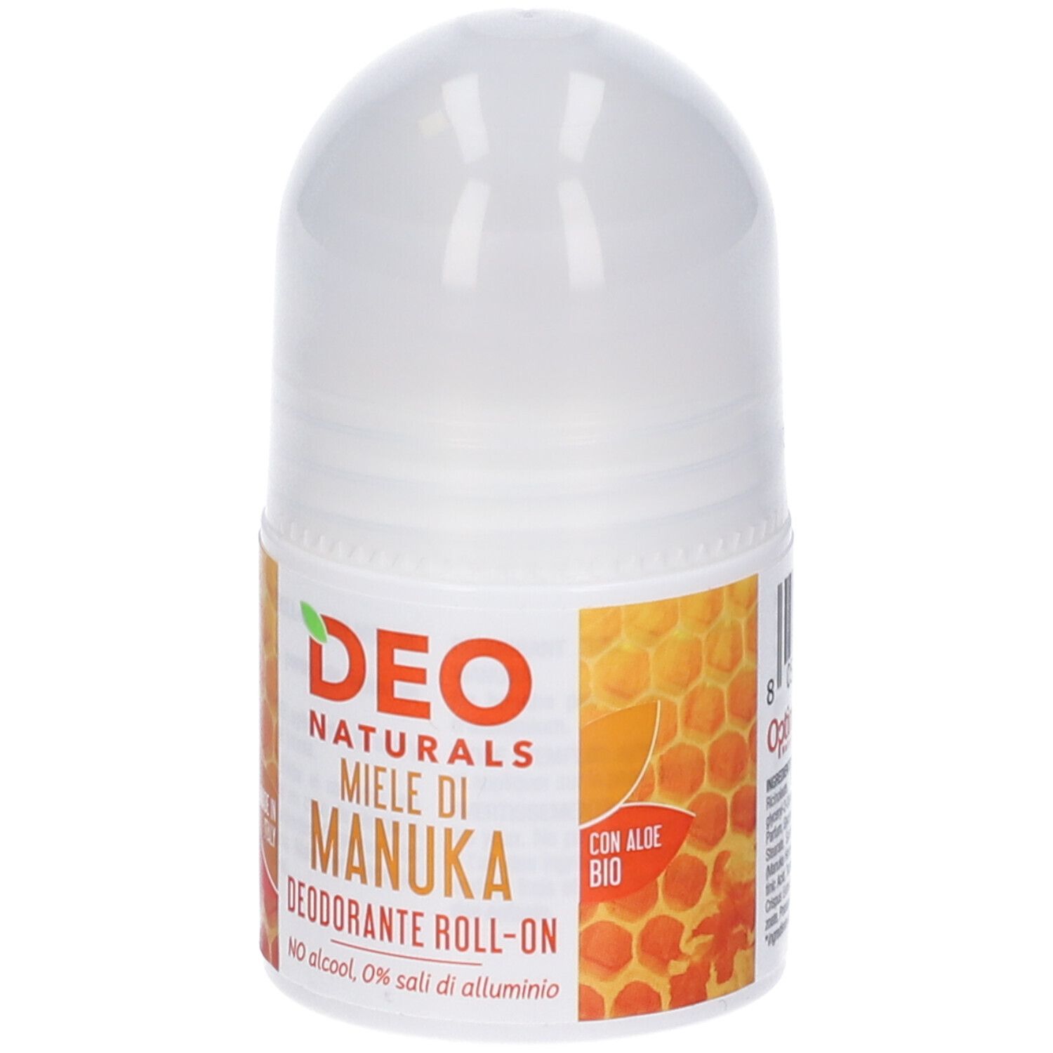 Deodorante roll-on. Contenitore bianco con etichetta giallo-arancio. Scritta: Deo Naturals Miele di Manuka.