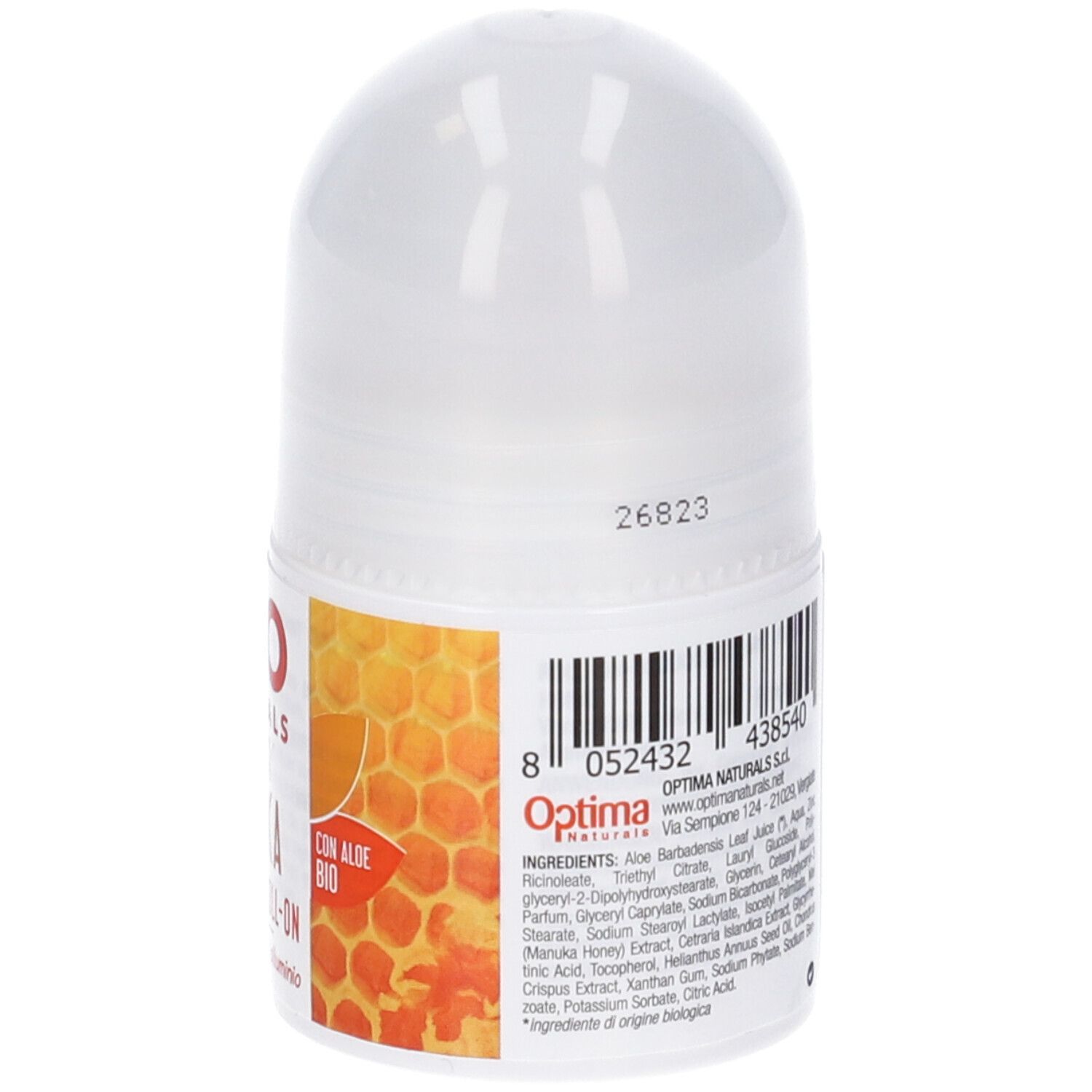 Deodorante roll-on. Retro del contenitore bianco con codice a barre e ingredienti.