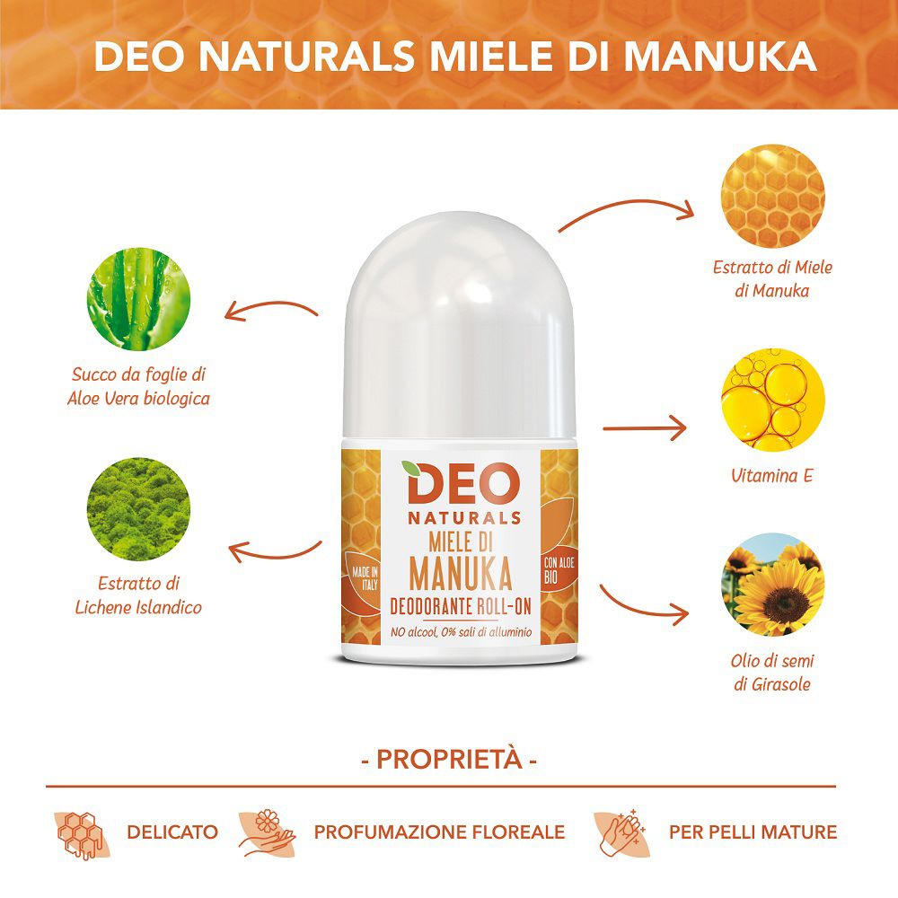 Roll-on Deo Naturals Manuka con Aloe Vera, Lichene Islandico, Olio di Girasole.