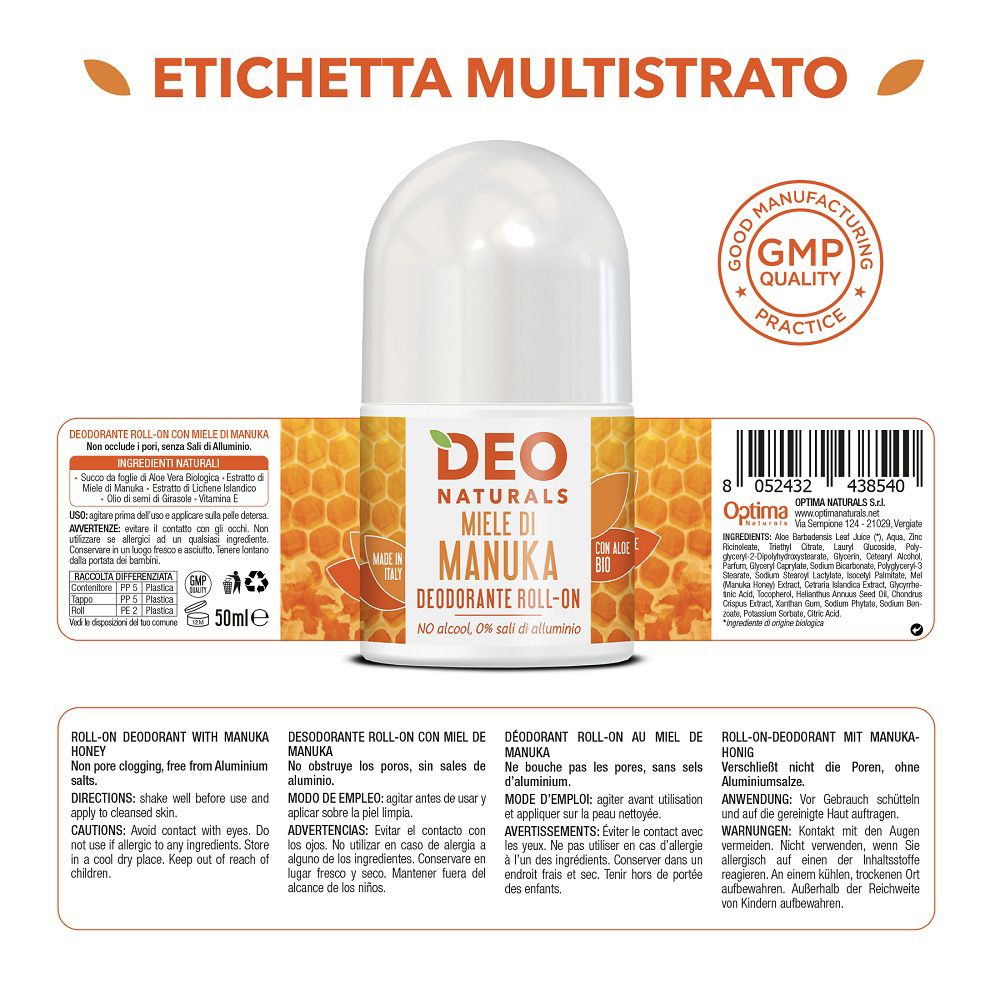 Deodoranti roll-on Deo Naturals: Manuka, Aloe Vera, Vitamina E, Tea Tree, Rosa.