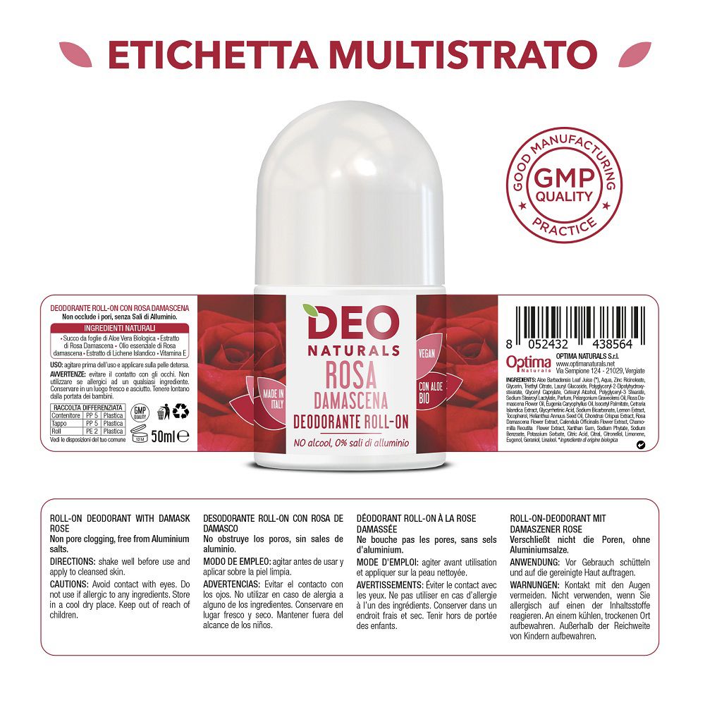 Deo Naturals Rosa Damascena Deodorante Roll-on, retro con ingredienti e codice a barre.
