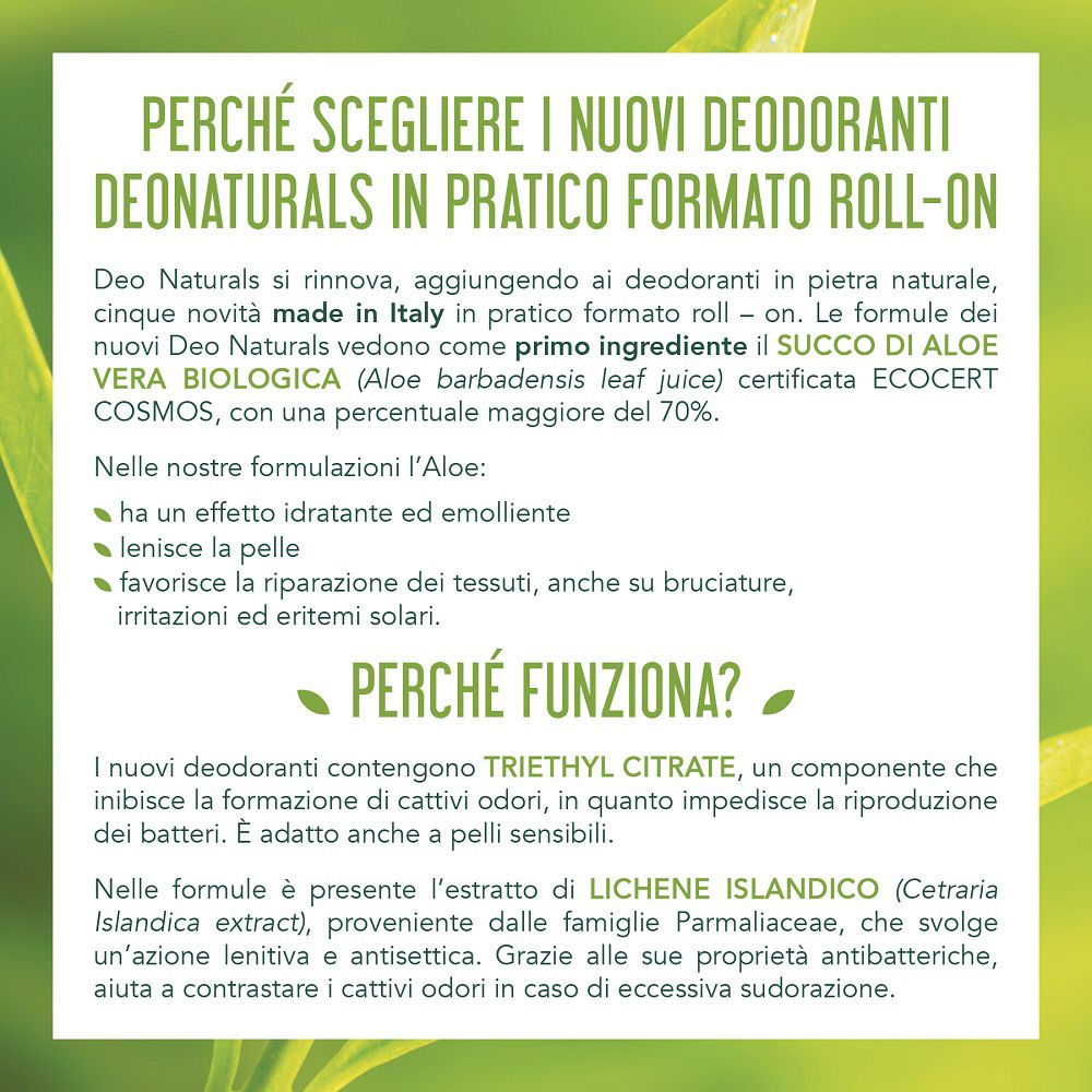 Informazioni sui deodoranti Deo Naturals Roll-on, made in Italy, Aloe Vera.