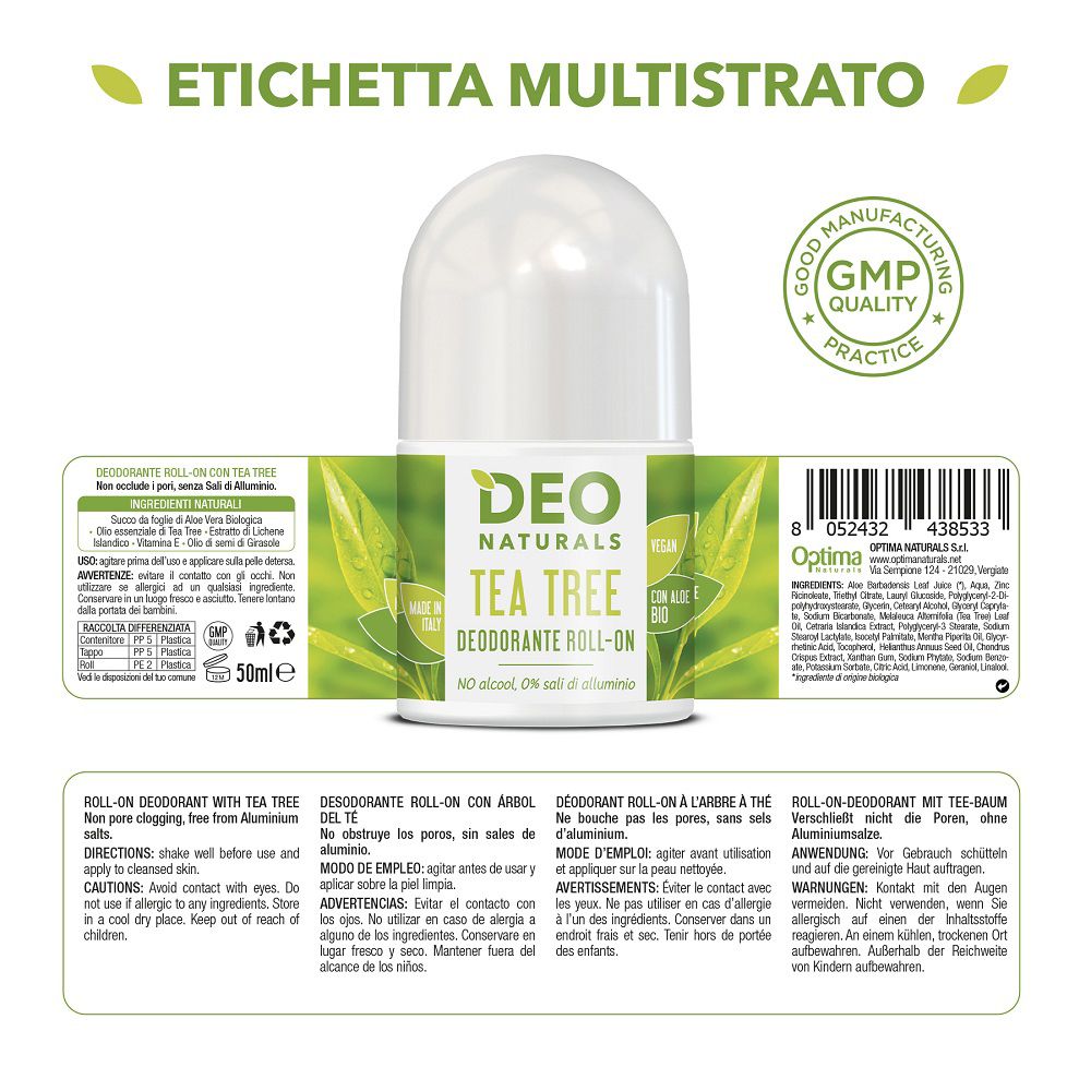 Cinque deodoranti Deo Naturals Roll-on: Tea Tree, Manuka, Aloe Vera, Vitamina E, Rosa.