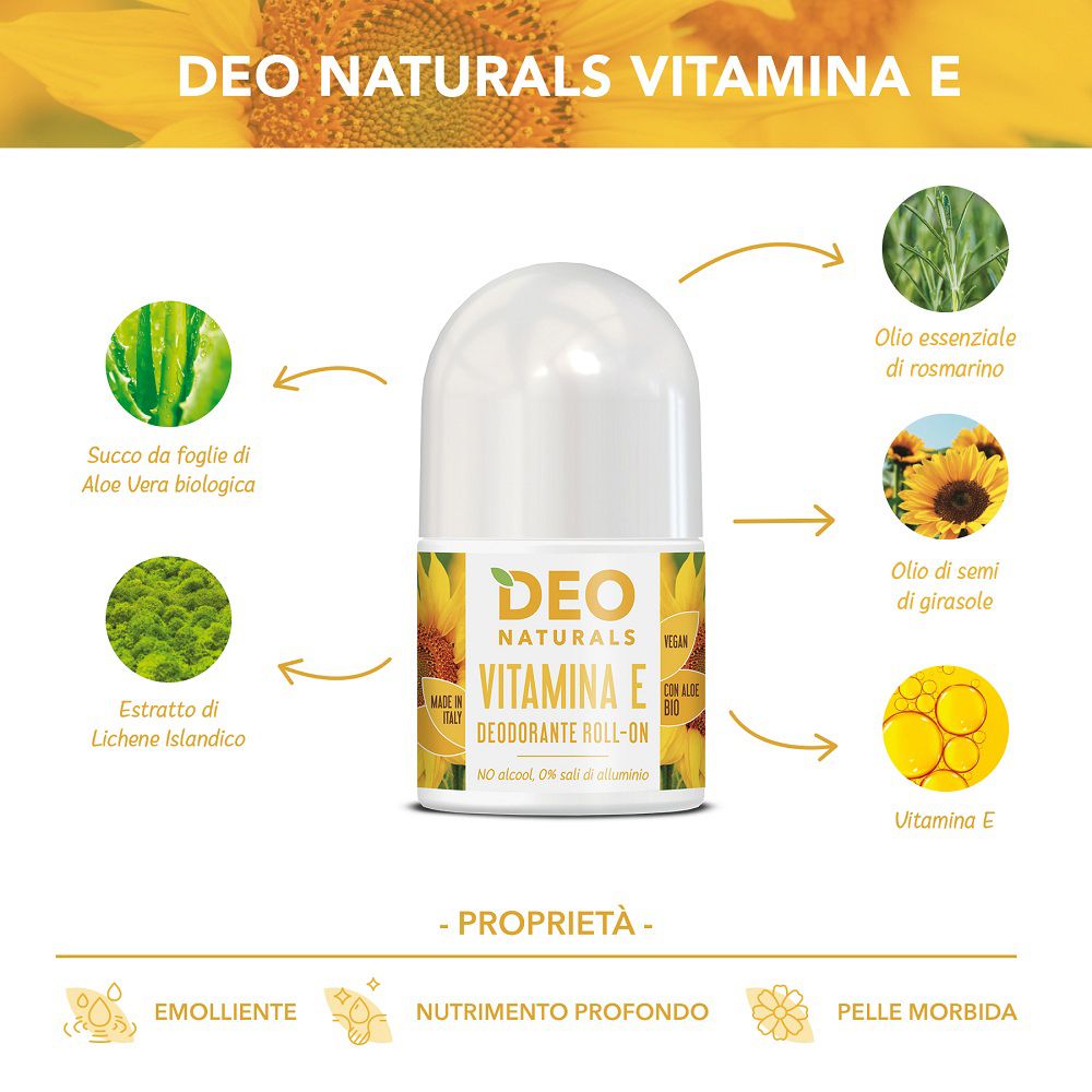 Roll-on Deo Naturals Vitamina E con ingredienti come Aloe Vera, Rosmarino e Olio di Girasole.