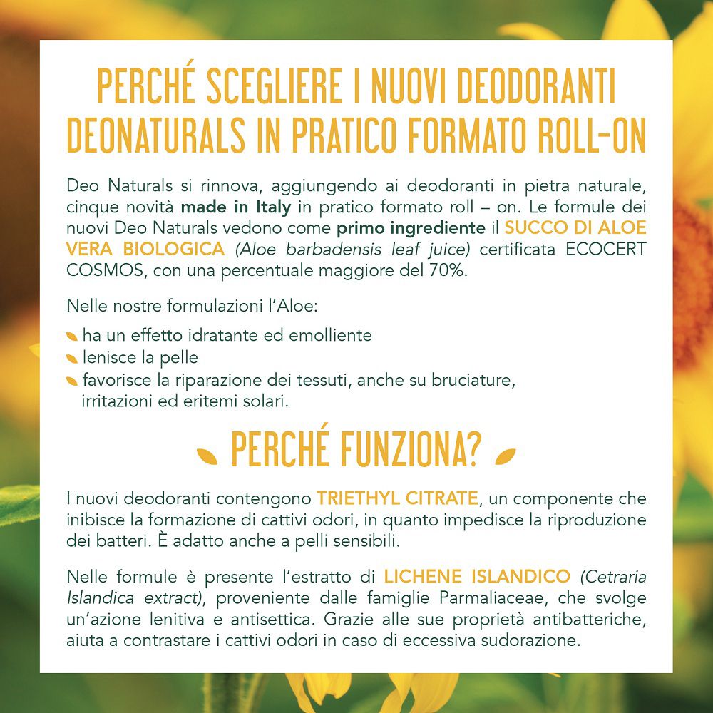 Informazioni sul deodorante roll-on Deo Naturals Vitamina E, prodotto in Italia.