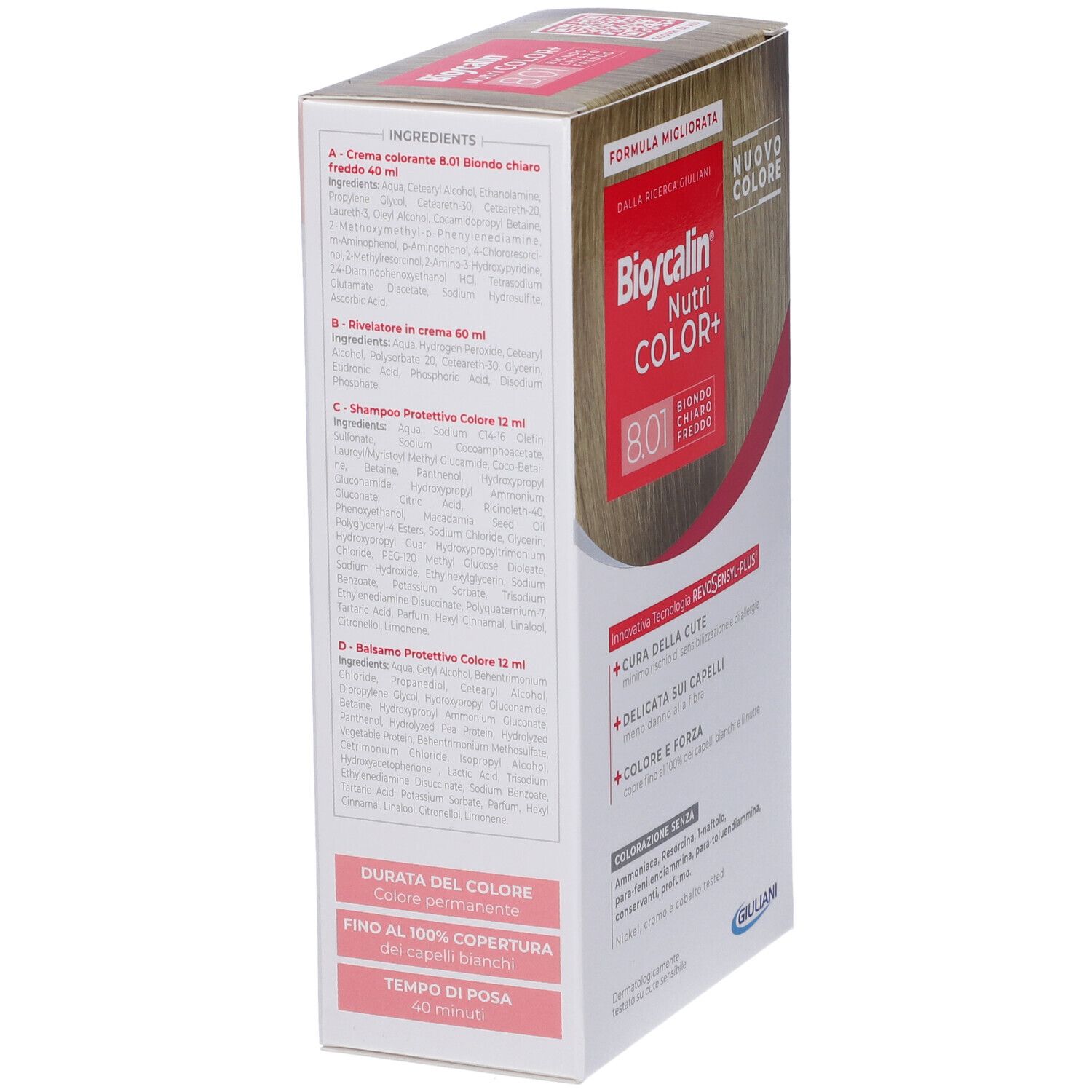 Retro confezione Bioscalin Nutri Color+. Elenco ingredienti. Biondo Chiaro Freddo.