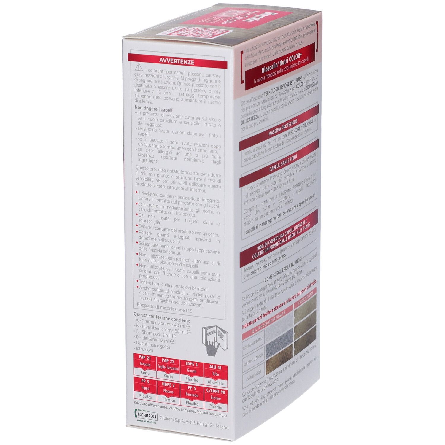 Retro confezione Bioscalin Nutri Color+. Avvertenze e informazioni sullo smaltimento.