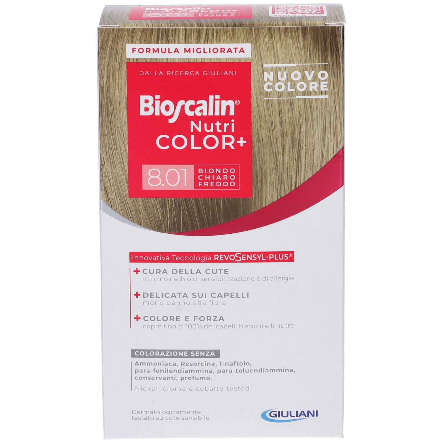 Confezione Bioscalin Nutri Color+ 8.01 Biondo Chiaro Freddo. Nuovo colore. Formula migliorata.