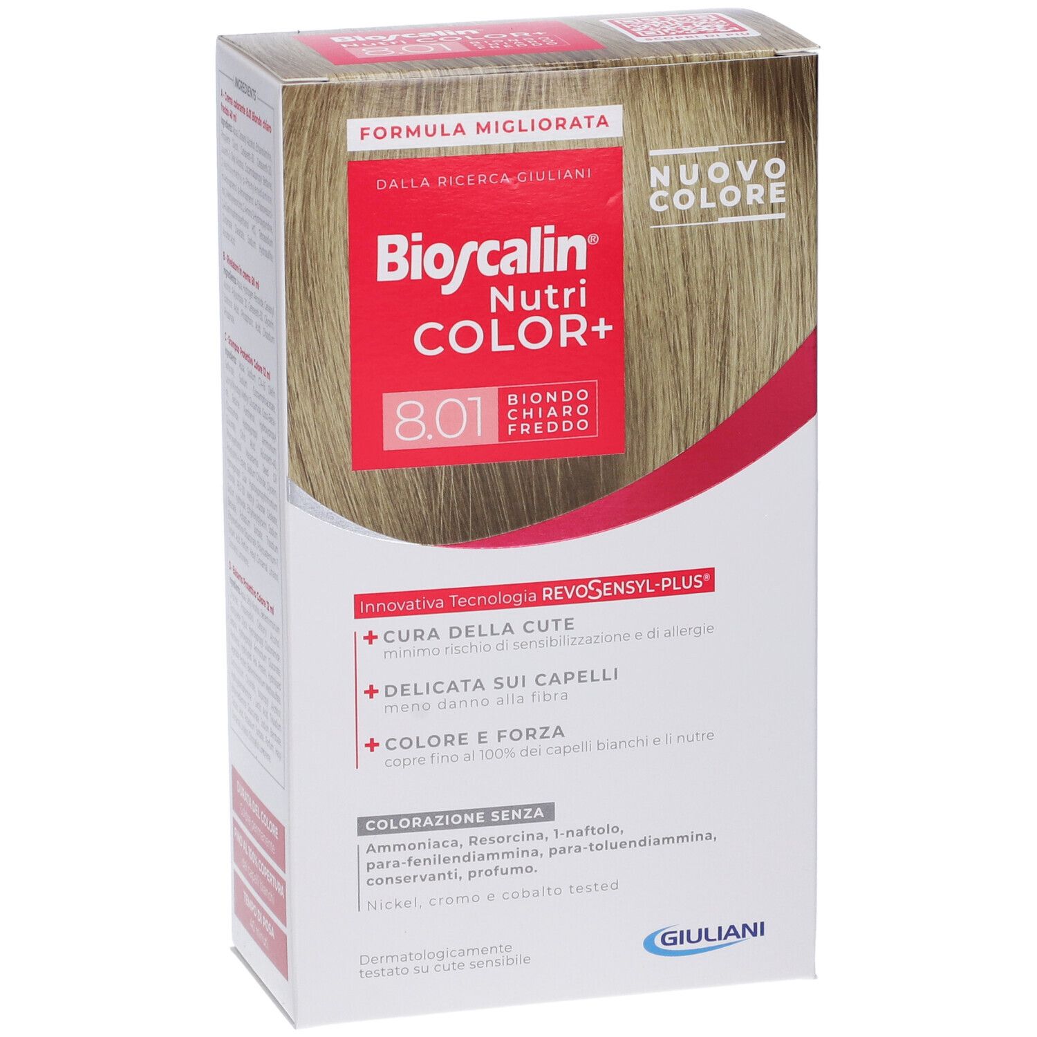Confezione Bioscalin Nutri Color+ 8.01 Biondo Chiaro Freddo. Nuovo colore. Formula migliorata.