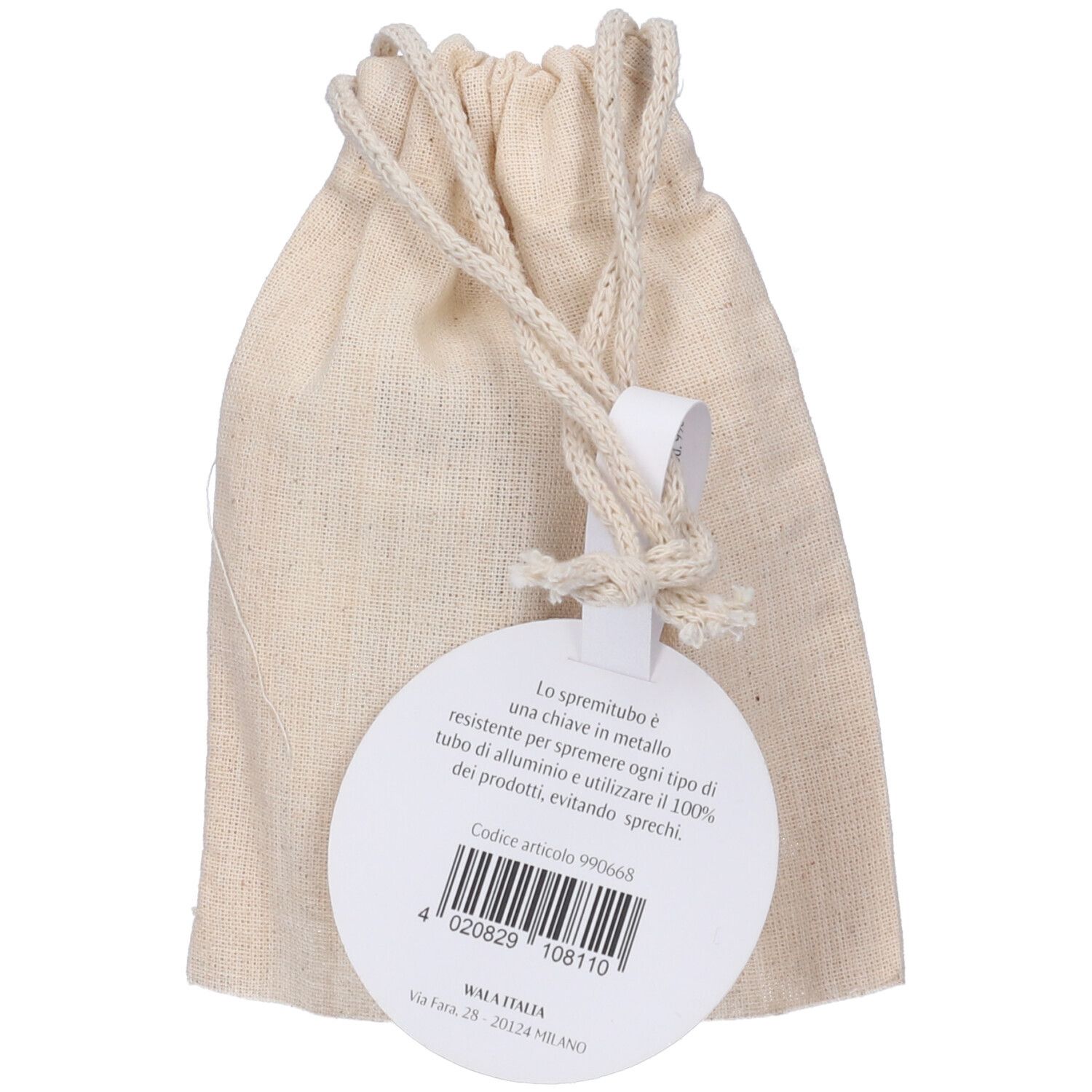 Sacchetto beige in tessuto con coulisse ed etichetta. Etichetta con testo e codice a barre.