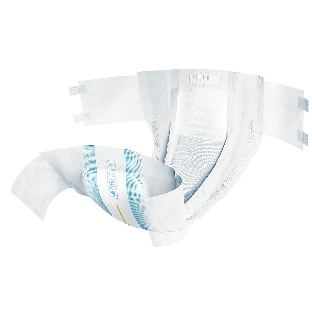 TENA ProSkin Slip aperto. Bianco con dettagli blu e gialli. Mostra l'interno e le linguette di fissaggio.