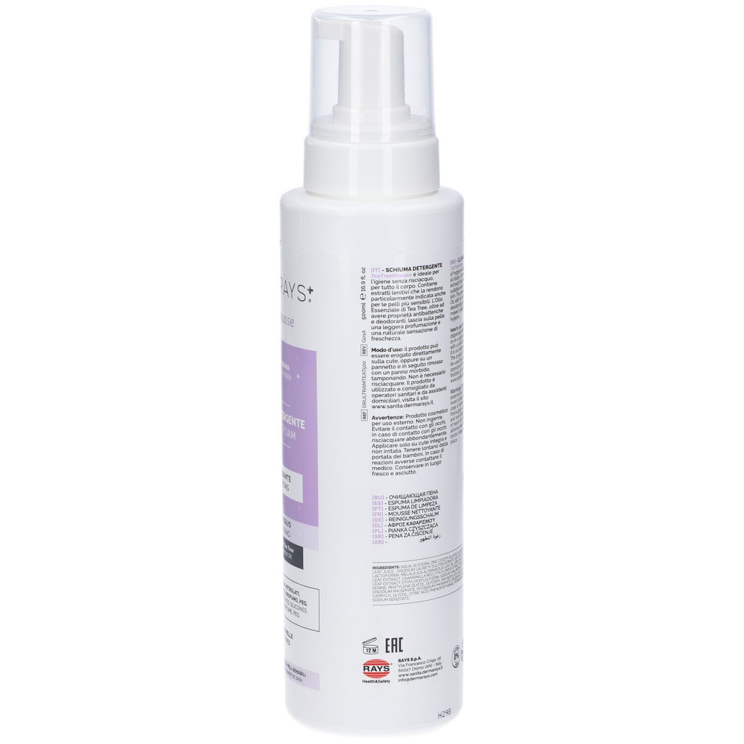 Retro di un flacone bianco con testo. DermaRays TeaTreeMousse, Schiuma Detergente. Informazioni multilingue.