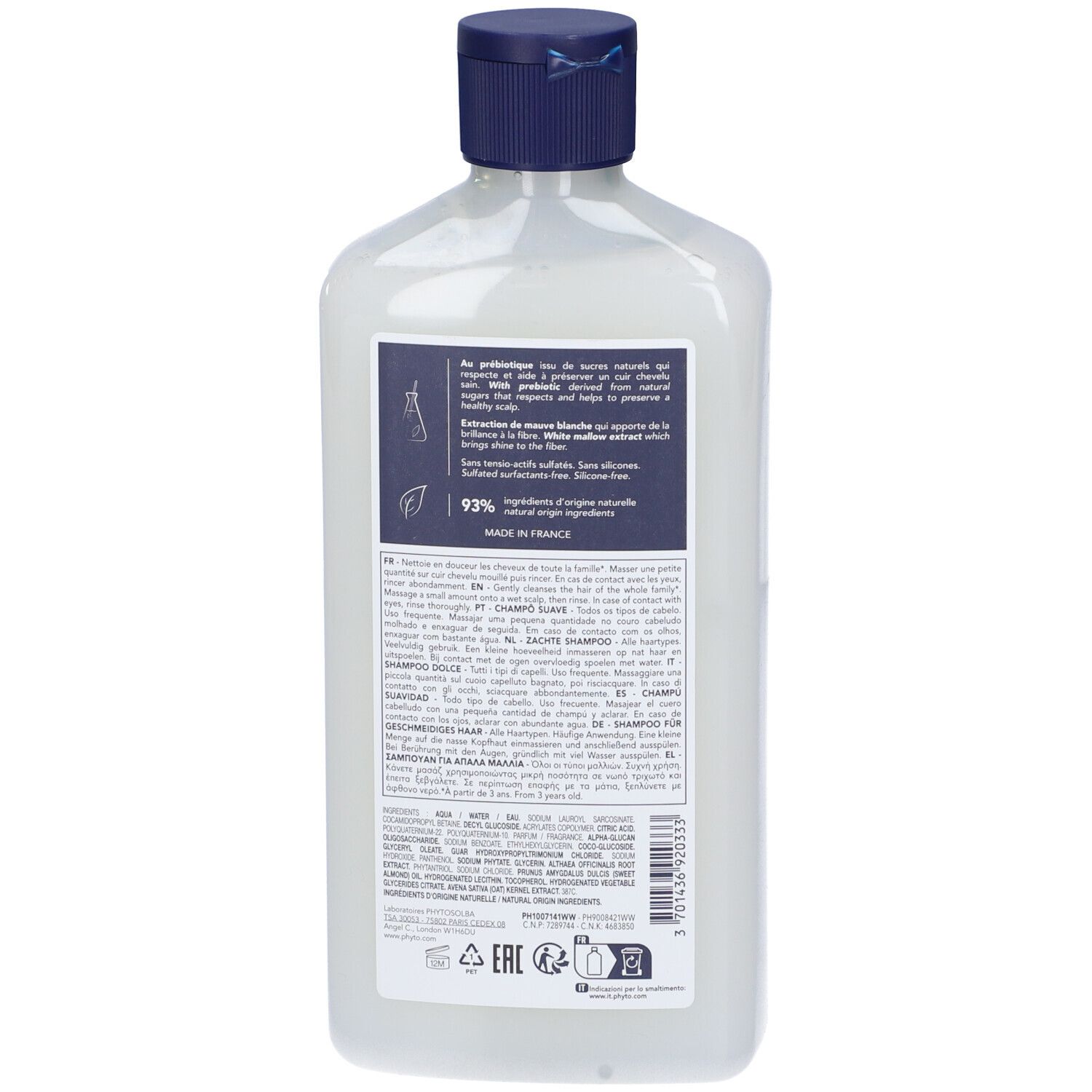 Retro del flacone di shampoo Phyto Delicato. Testo e informazioni sull'etichetta, inclusi gli ingredienti.