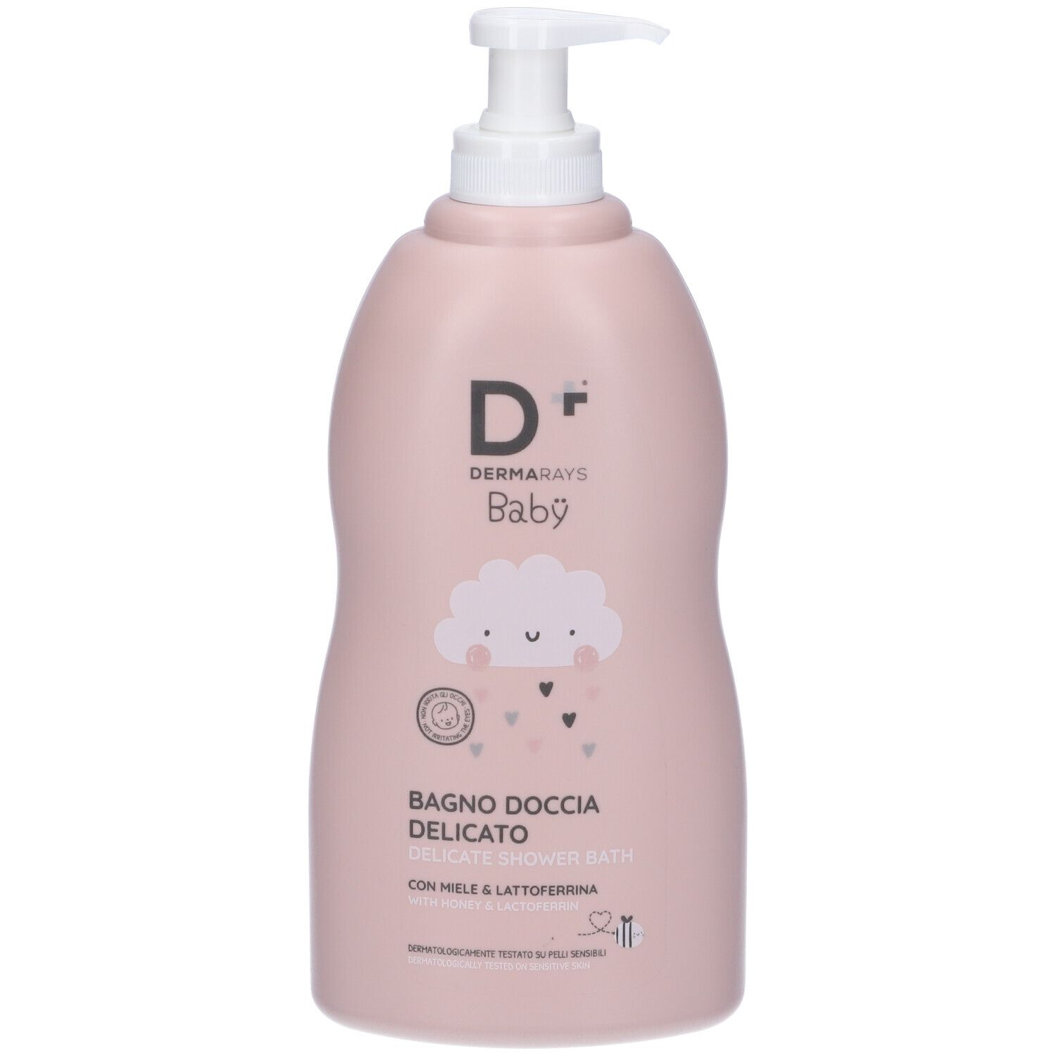 Flacone rosa con dosatore. Scritta: Dermarays Baby, bagno doccia delicato. Illustrazione: nuvola con gocce.