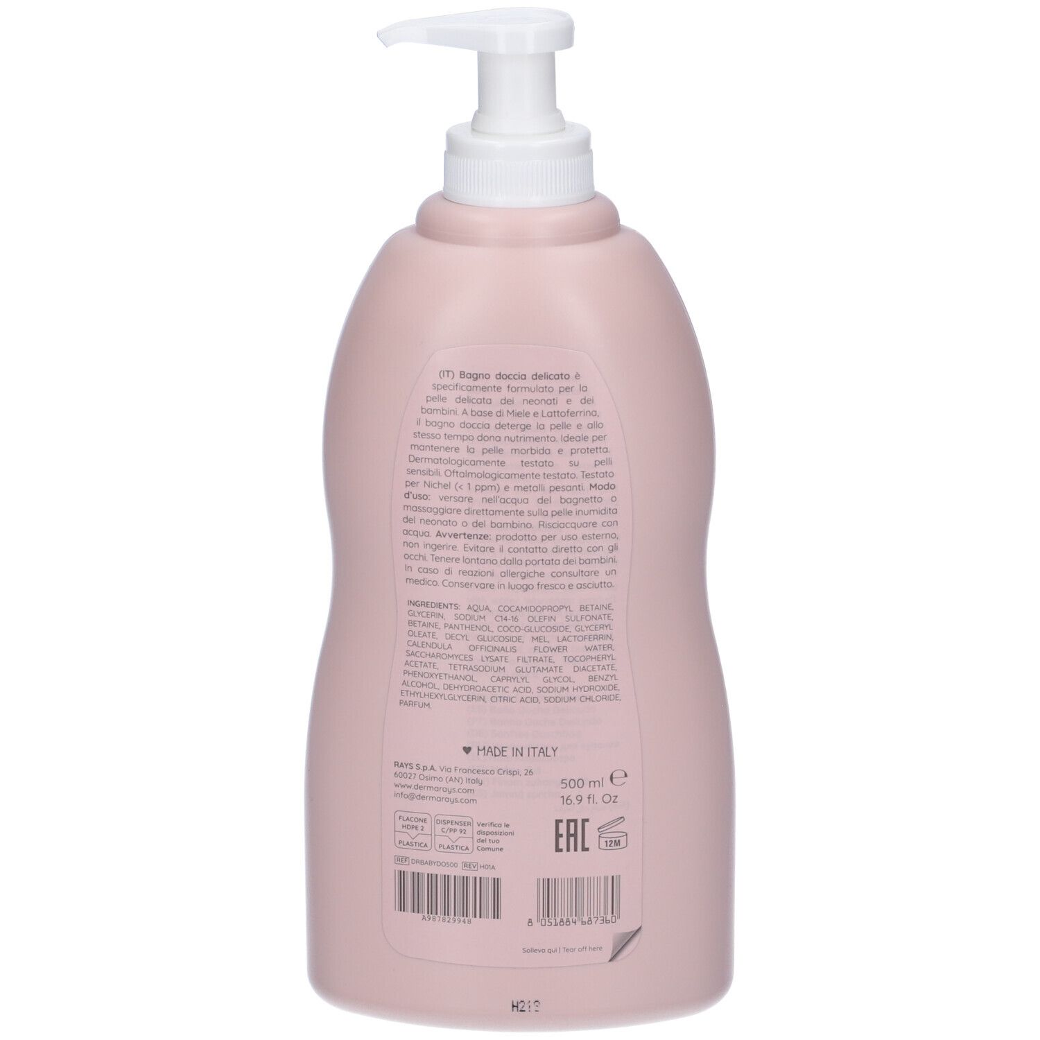 Retro flacone rosa con dosatore. Testo: ingredienti, origine Italia, 500 ml, codice EAN.