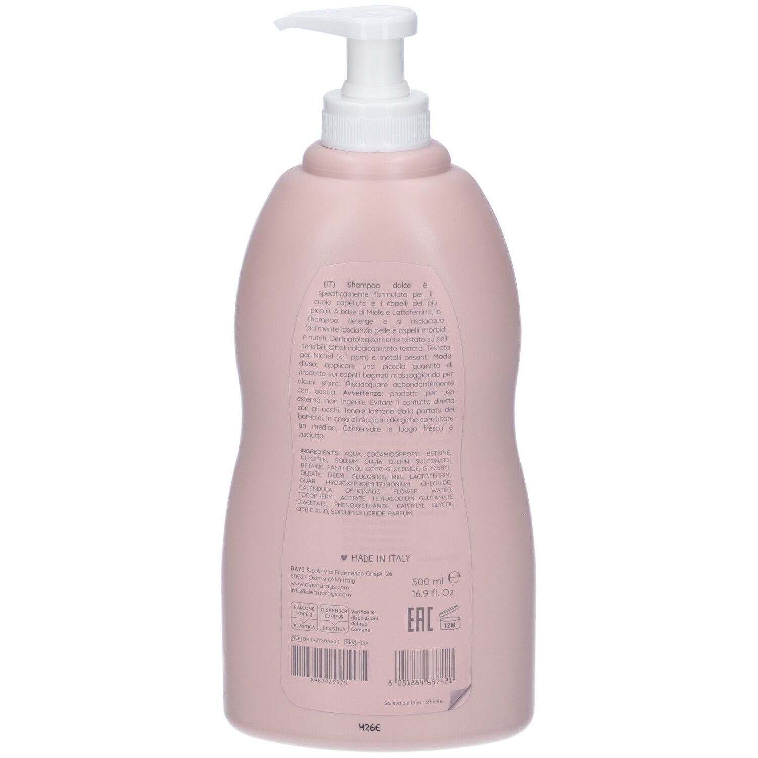 Retro di un flacone di shampoo per bambini rosa con dosatore a pompa. Testo e ingredienti. Prodotto in Italia.