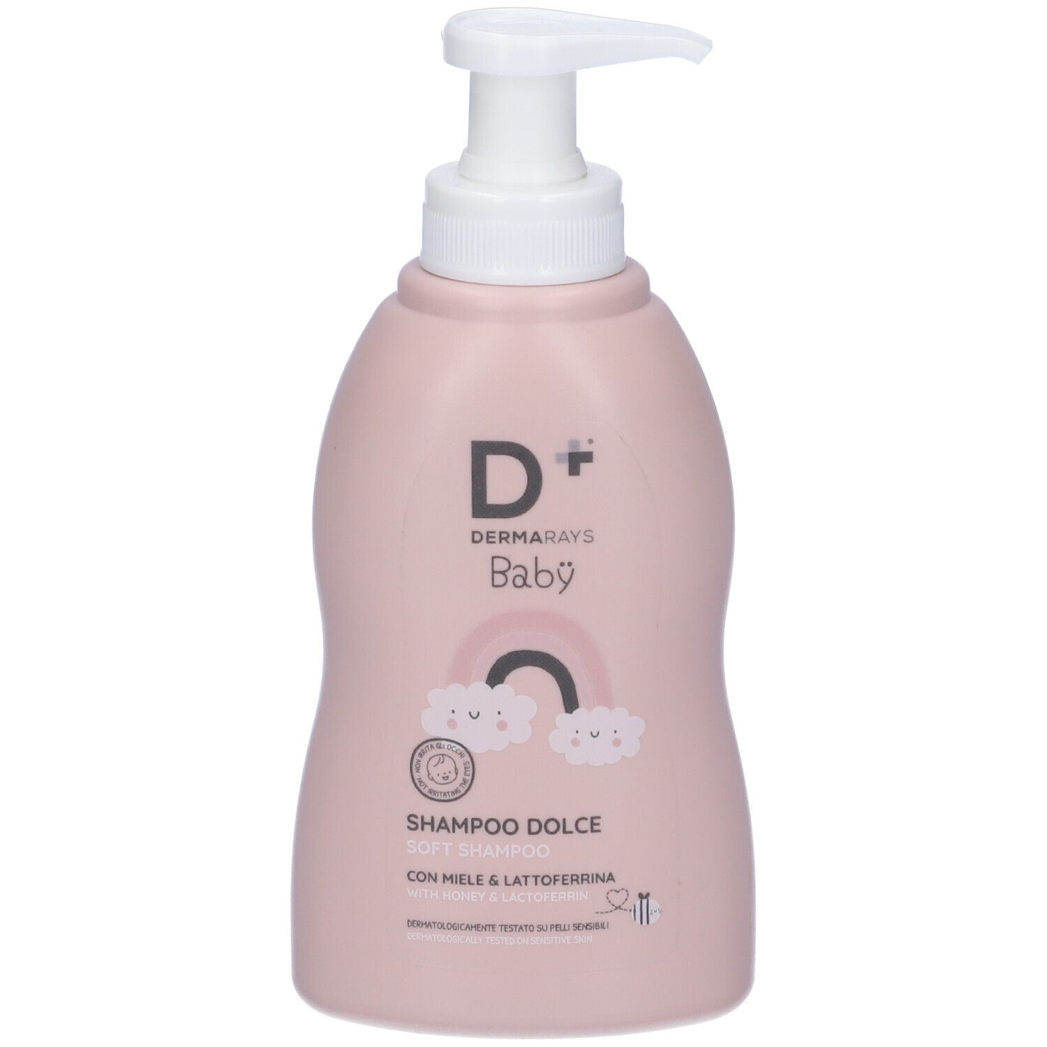 Flacone rosa di shampoo per bambini con dosatore. Scritta: Dermarays Baby, Shampoo Dolce. Illustrazione: nuvole, arcobaleno.