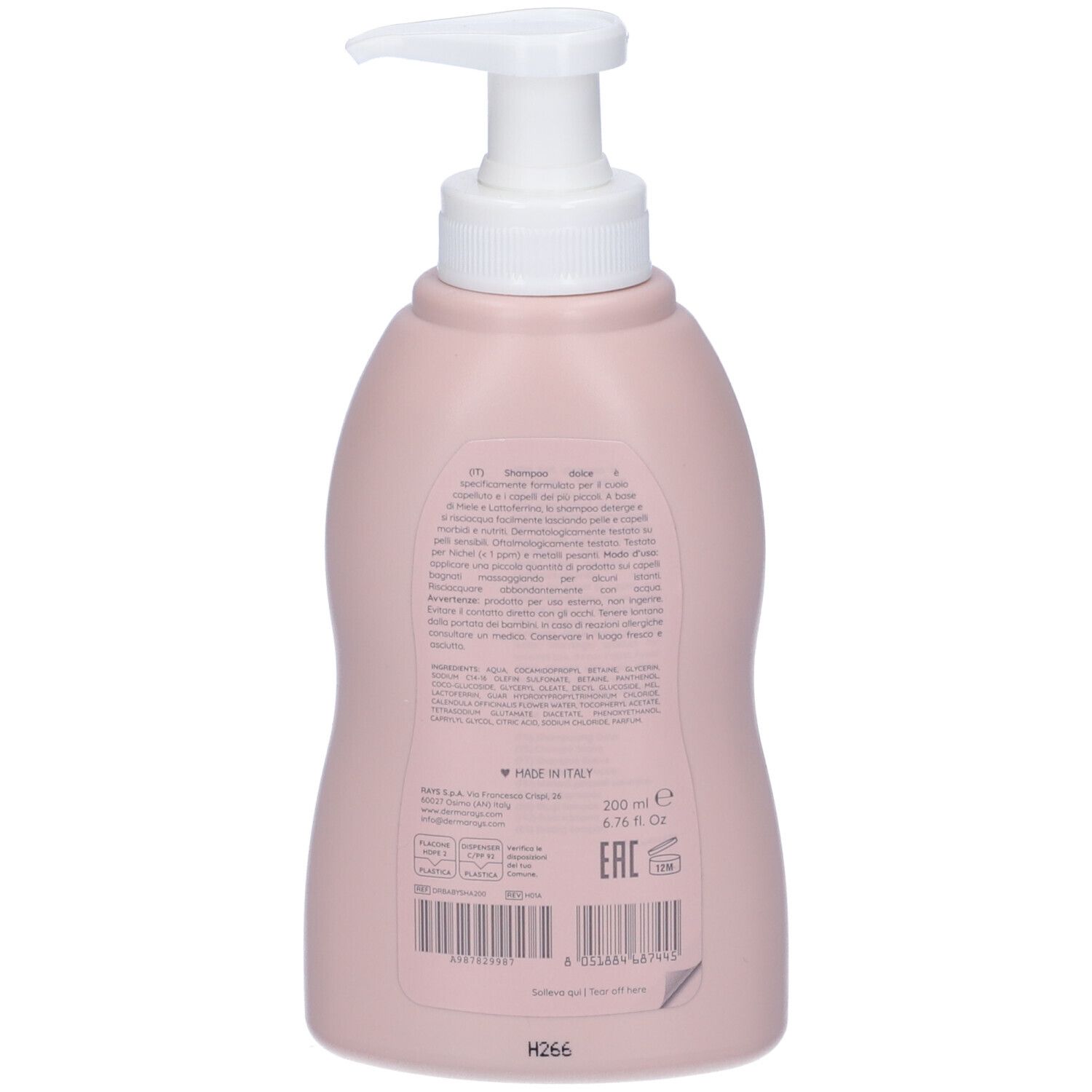 Retro di un flacone di shampoo per bambini rosa con testo. Scritta: Dermarays. Contiene informazioni e loghi.