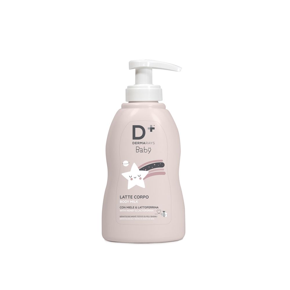 Flacone rosa con dosatore. Scritta: Dermarays Baby, Latte Corpo. Illustrazione stella e arcobaleno.