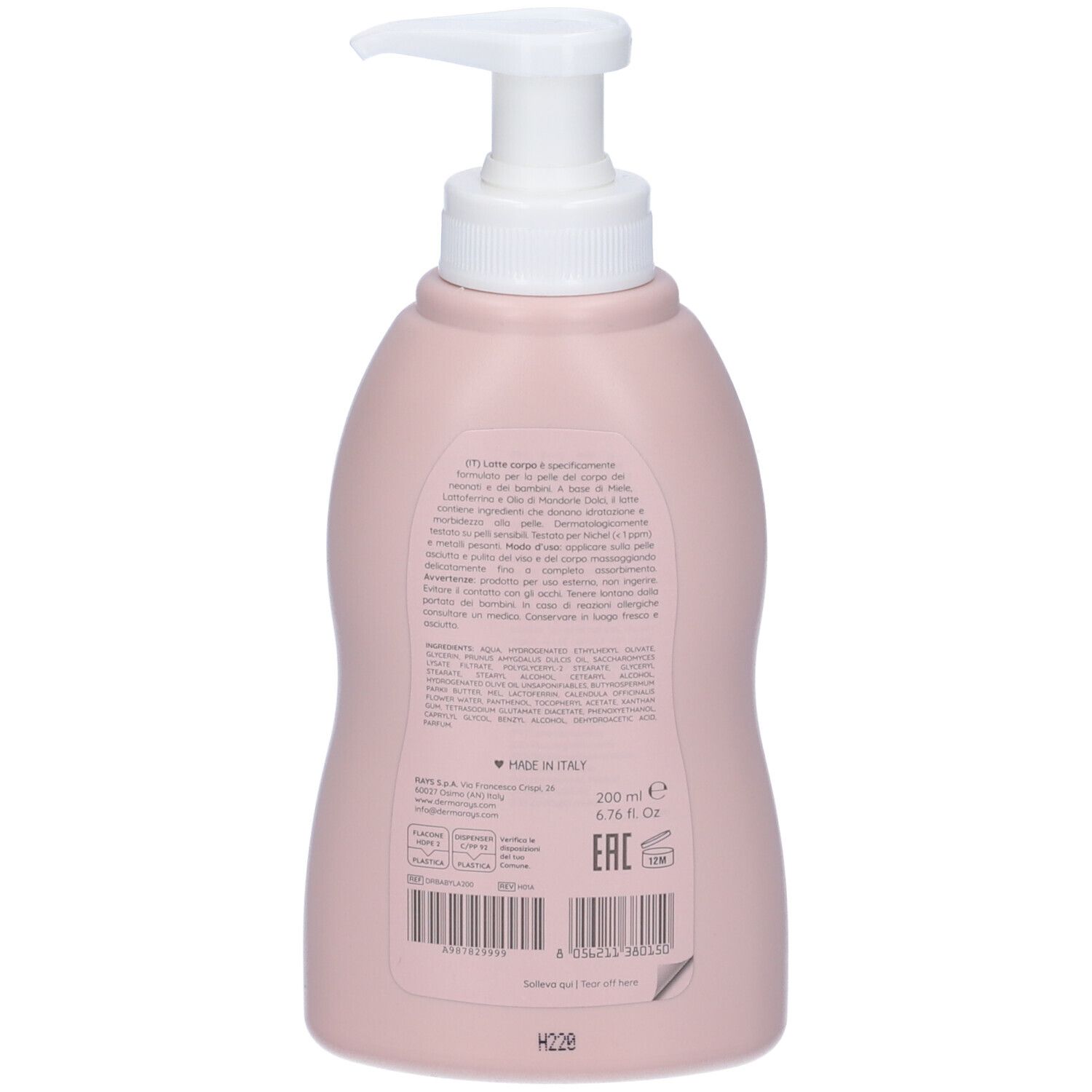 Retro di flacone rosa con dosatore. Informazioni testuali, codice a barre, logo. Volume: 200 ml.