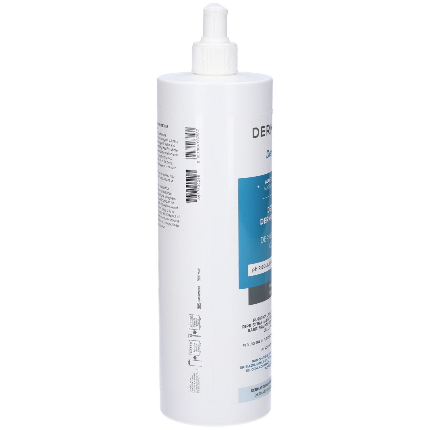 Flacone bianco con dosatore a pompa. Testo e codice a barre laterali. Marchio DERMARAYS.